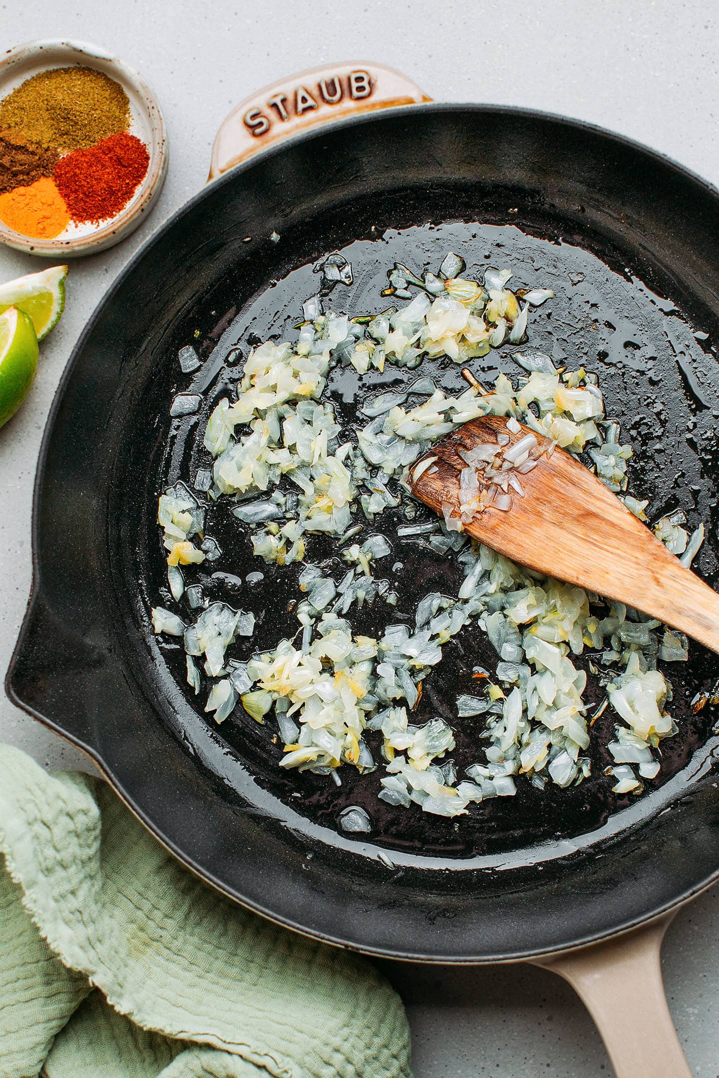 Sautéed onions and garlic in a skillet.