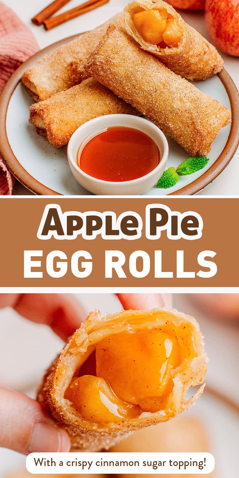 These vegan apple pie egg rolls are filled with soft, gooey apple chunks and coated with a crispy cinnamon sugar topping. It is a simple yet wonderful snack that is perfect for Fall. Serve these rolls with caramel sauce, whipped cream, or vanilla ice cream!