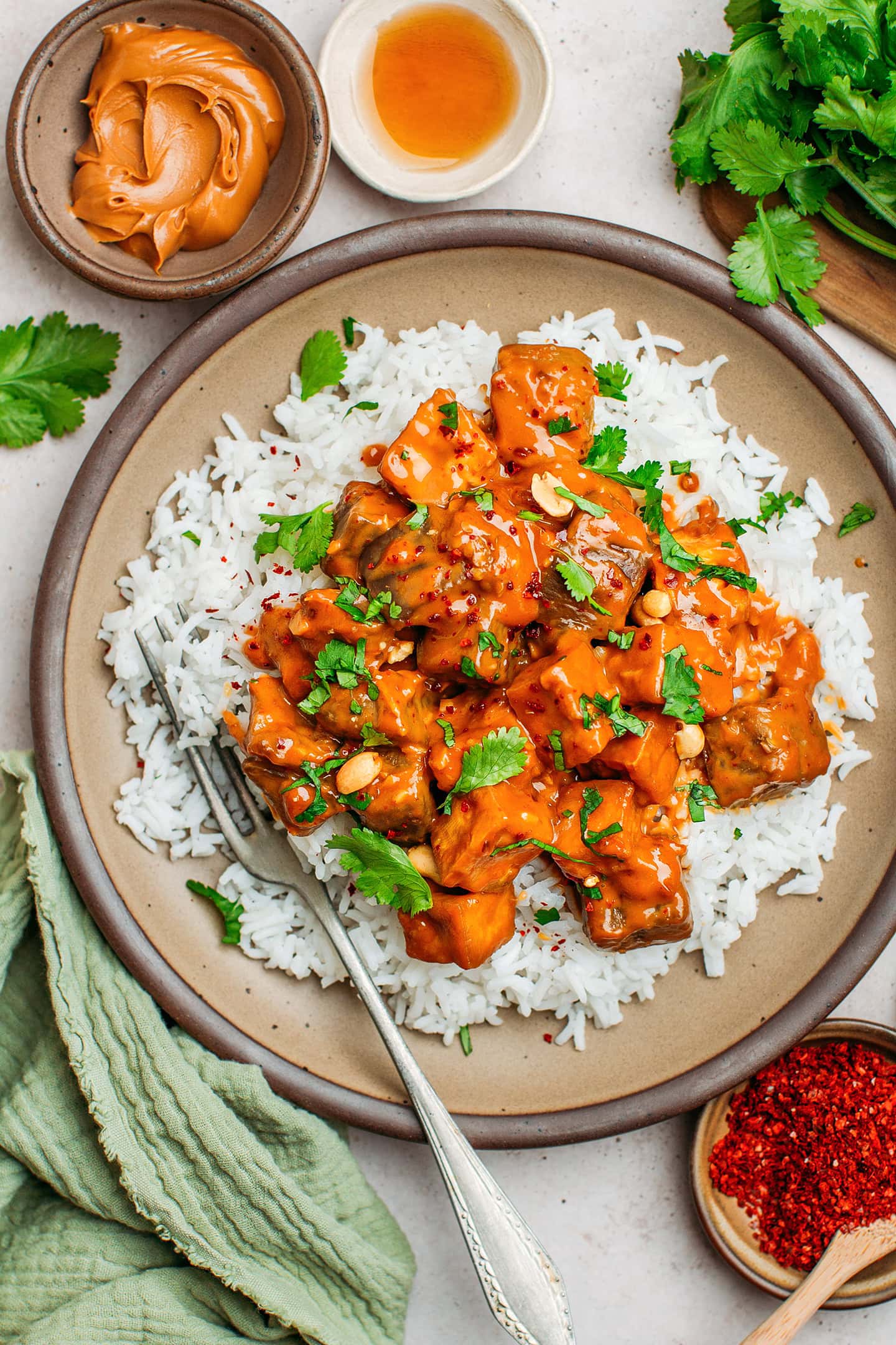 Eggplant and tofu in peanut sauce topped with cilantro over a plate of rice.