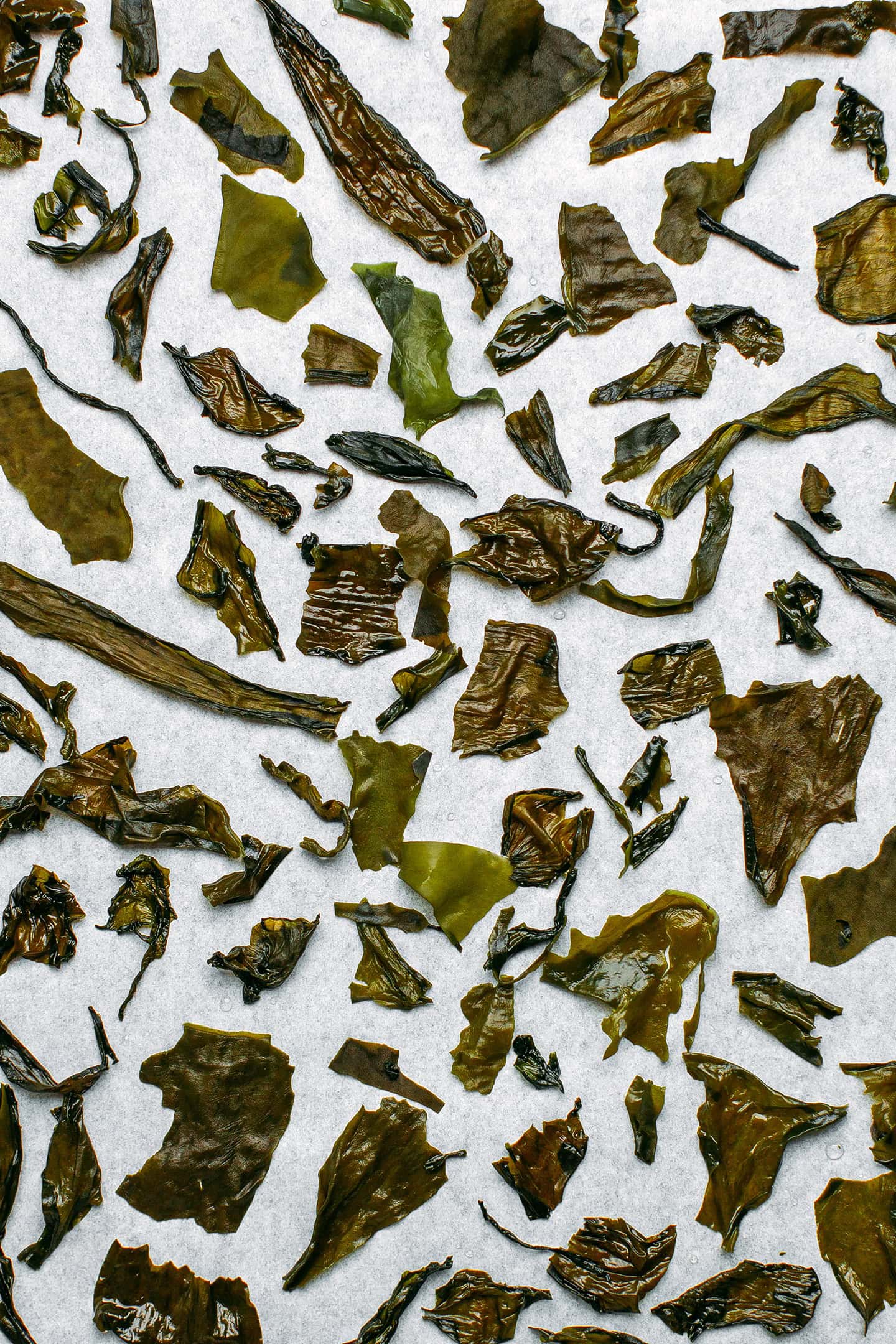 Wakame seaweed on a baking sheet.