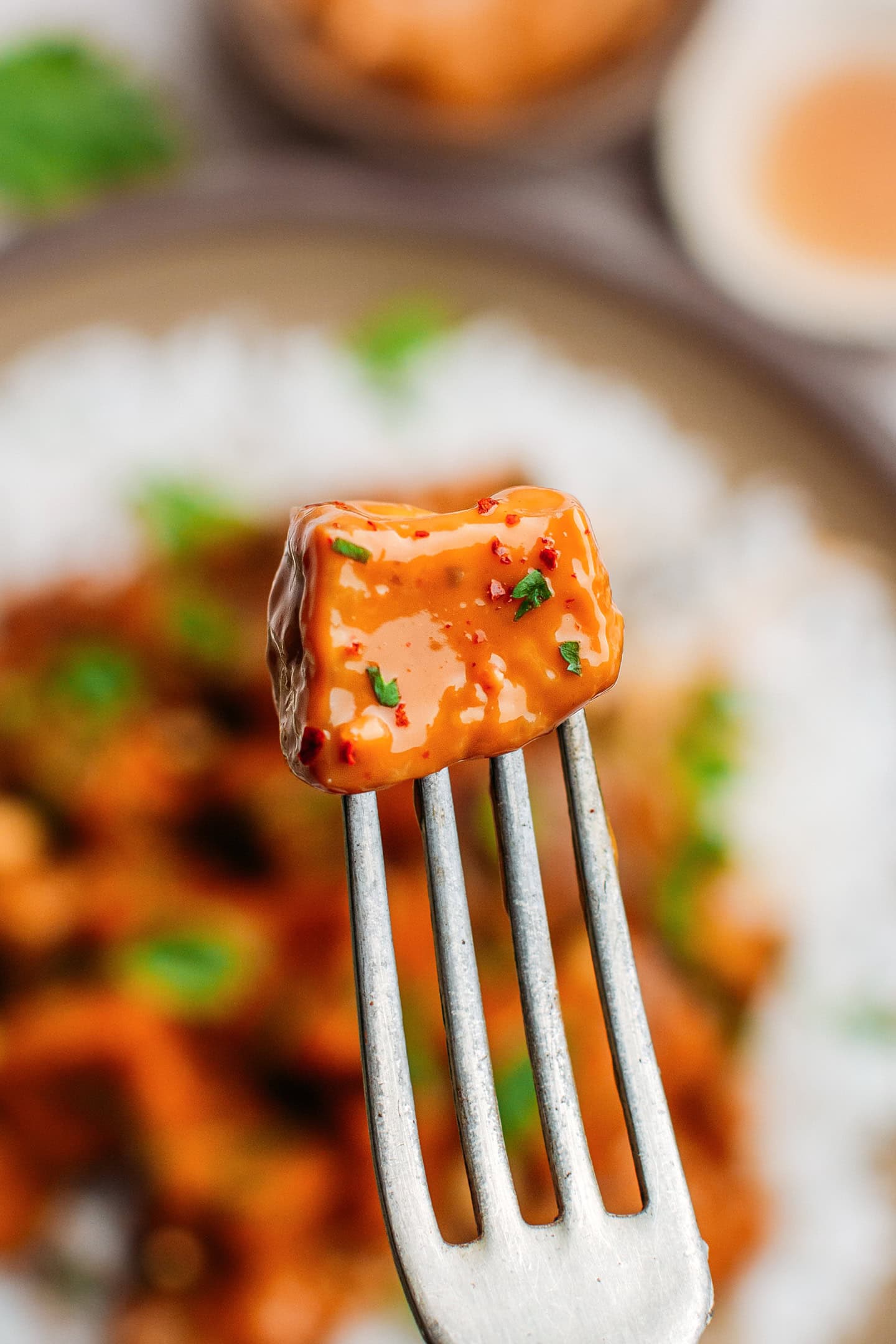 Close-up of a piece of tofu coated with peanut sauce.