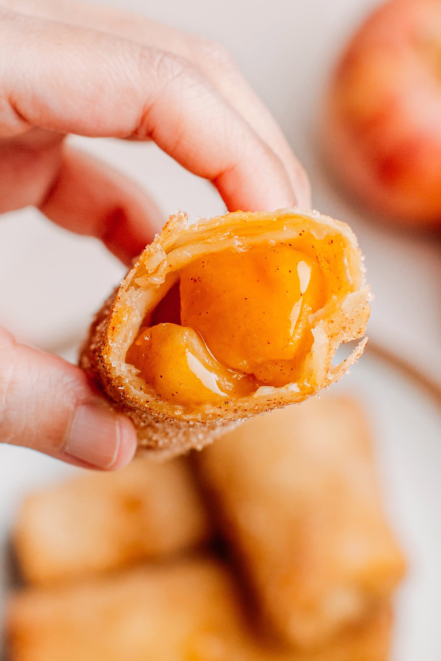 Close-up of the inside of an apple egg roll.