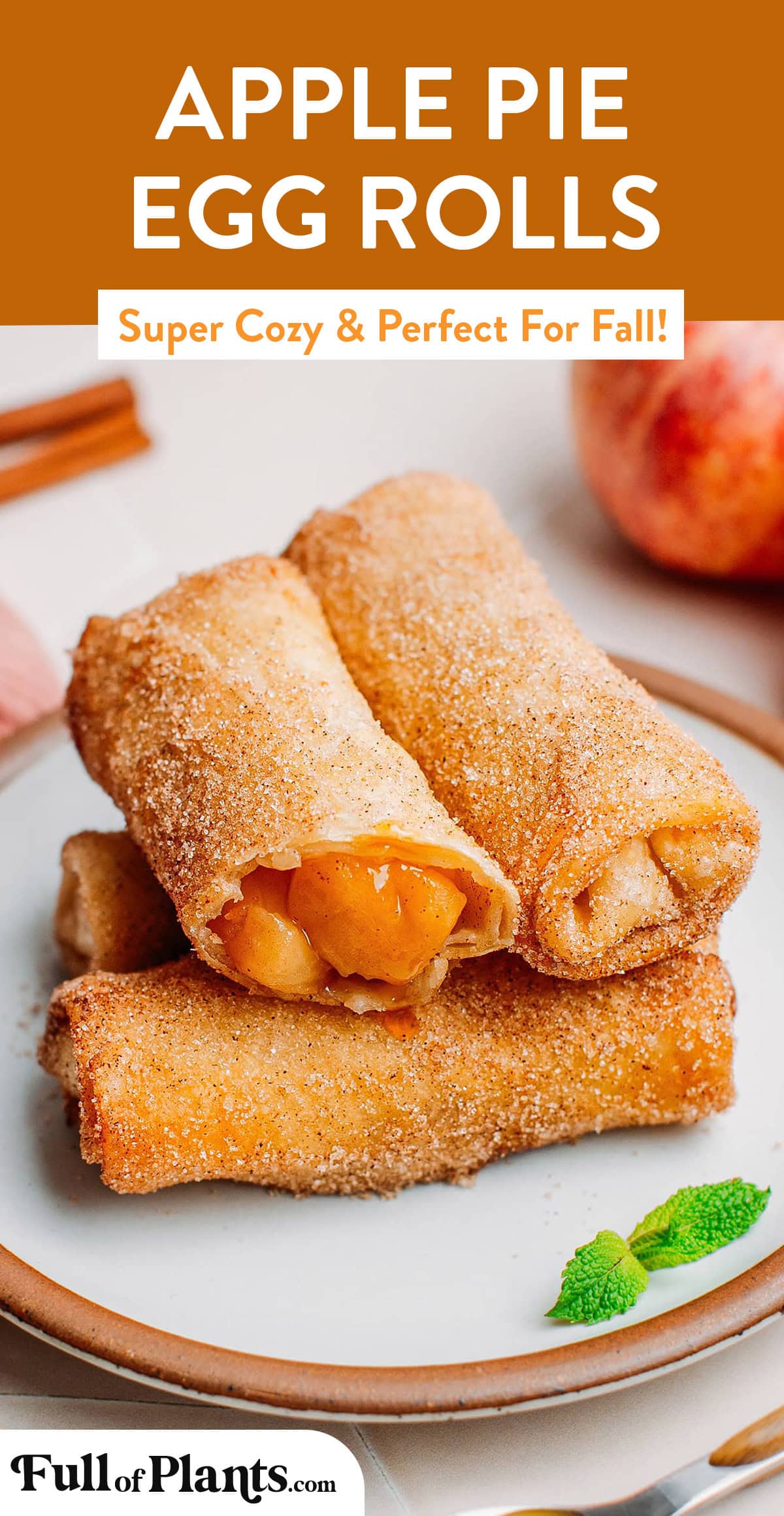 These vegan apple pie egg rolls are filled with soft, gooey apple chunks and coated with a crispy cinnamon sugar topping. It is a simple yet wonderful snack that is perfect for Fall. Serve these rolls with caramel sauce, whipped cream, or vanilla ice cream! #eggrolls #applepie #vegan