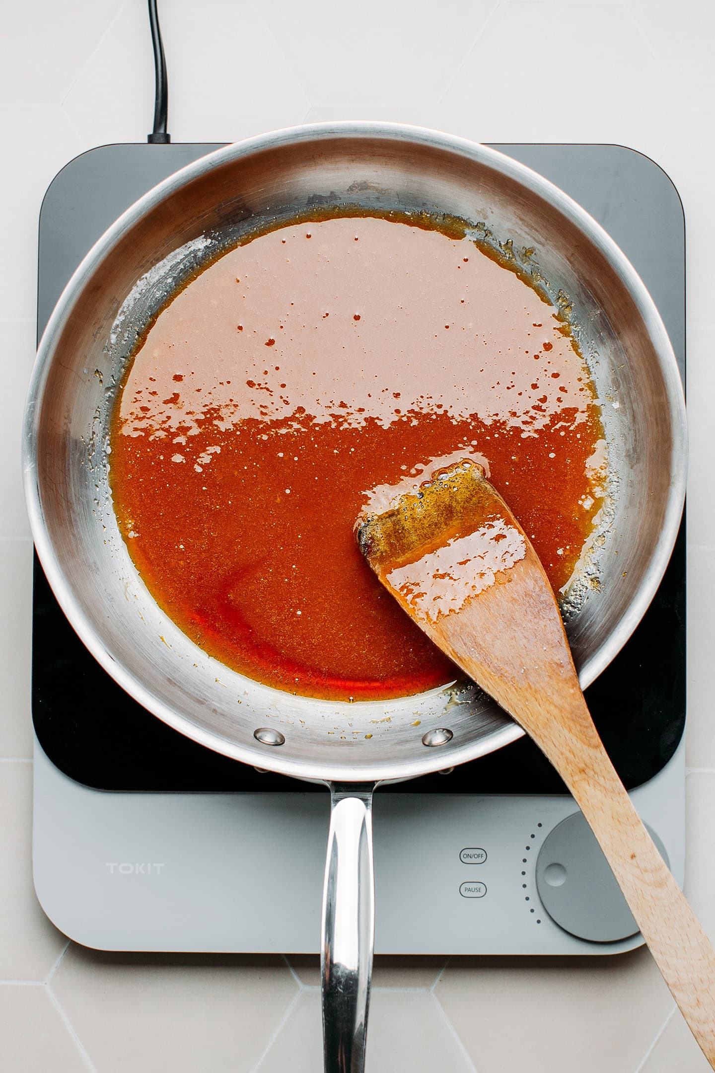 Caramel in a light-bottomed pan.