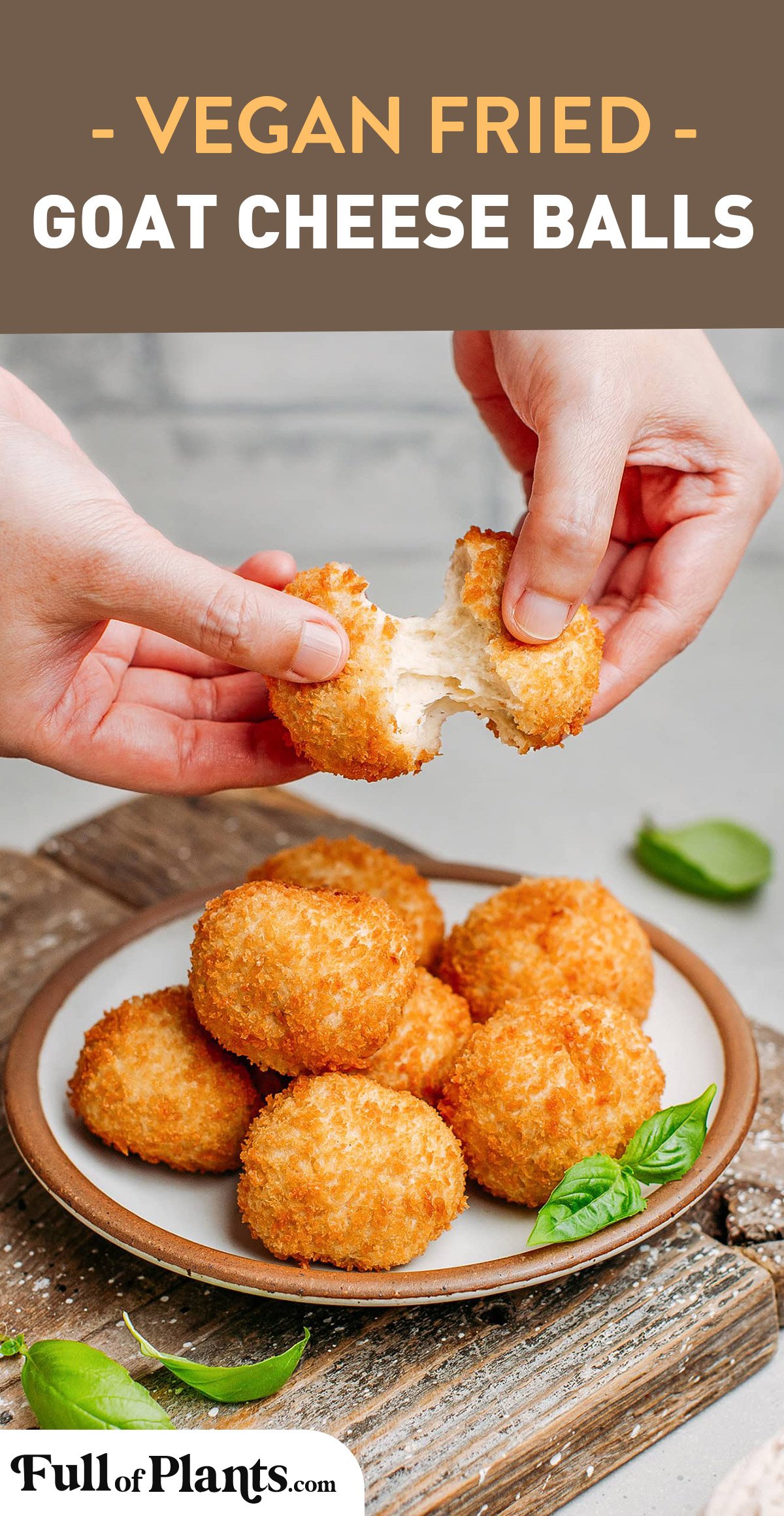 These 4-ingredient vegan fried goat cheese balls are melty on the inside and crispy on the outside. Made from cultured cashew cream, they are tangy and so cheesy! Serve them as an appetizer or incorporate them in salads! #vegancheese