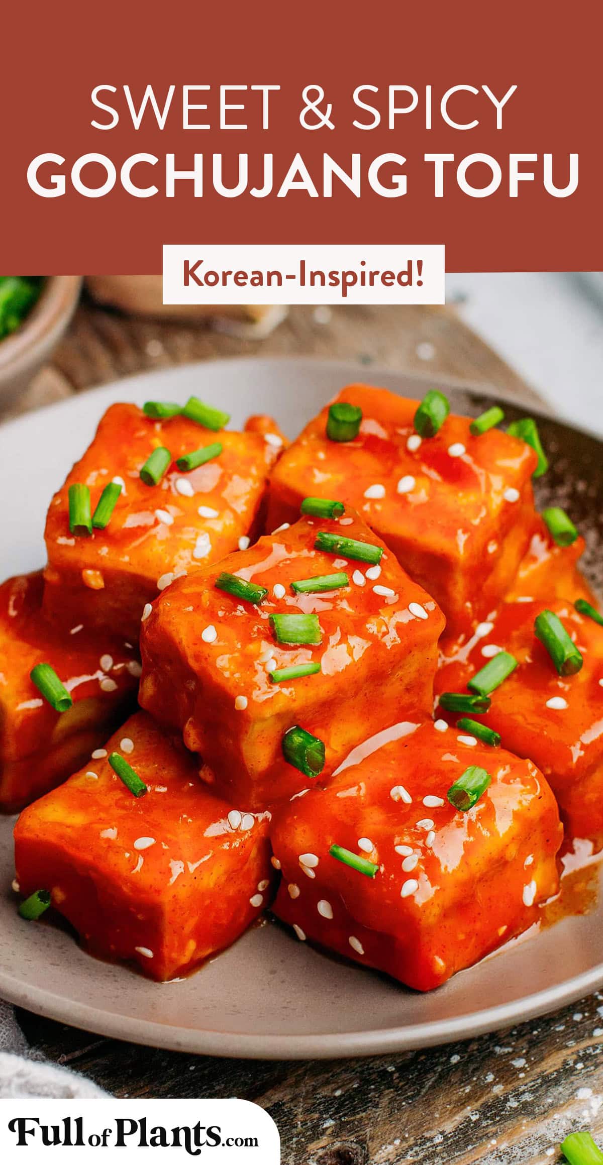 This chewy gochujang tofu is coated with a sweet and spicy sauce made of Korean chili paste, soy sauce, garlic, and green onions. It comes together in just under an hour and can be served over a bed of white rice for a satisfying weeknight dinner! #gochujang #tofu