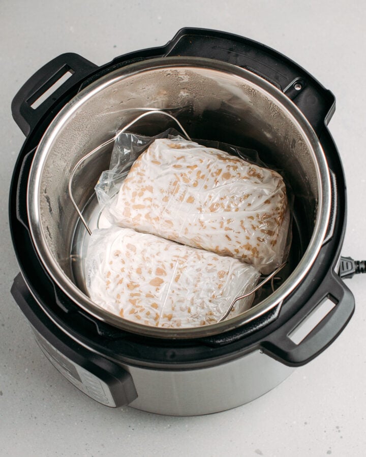 Two loaves of tempeh in an Instant Pot.