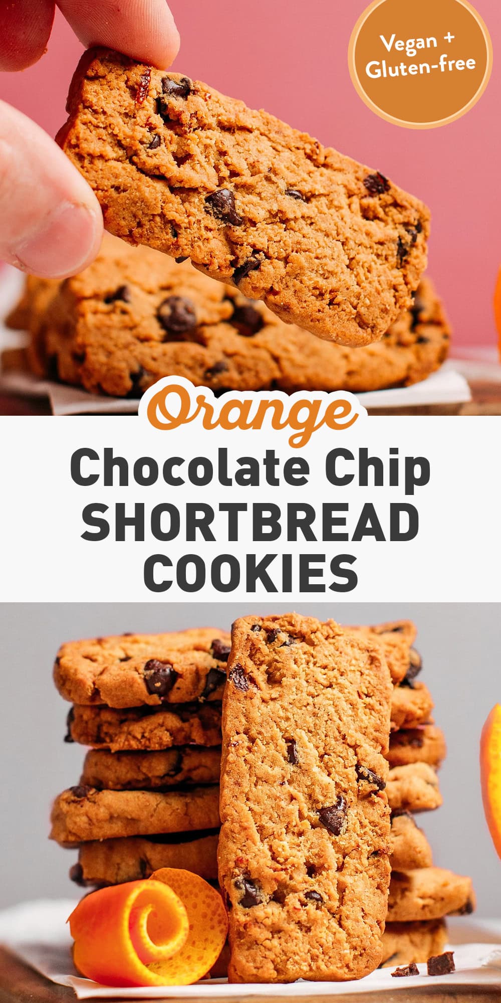 Slice and bake cookies that are crispy, buttery. Infused with orange zest and loaded with mini chocolate chips! Vegan + Gluten-free!