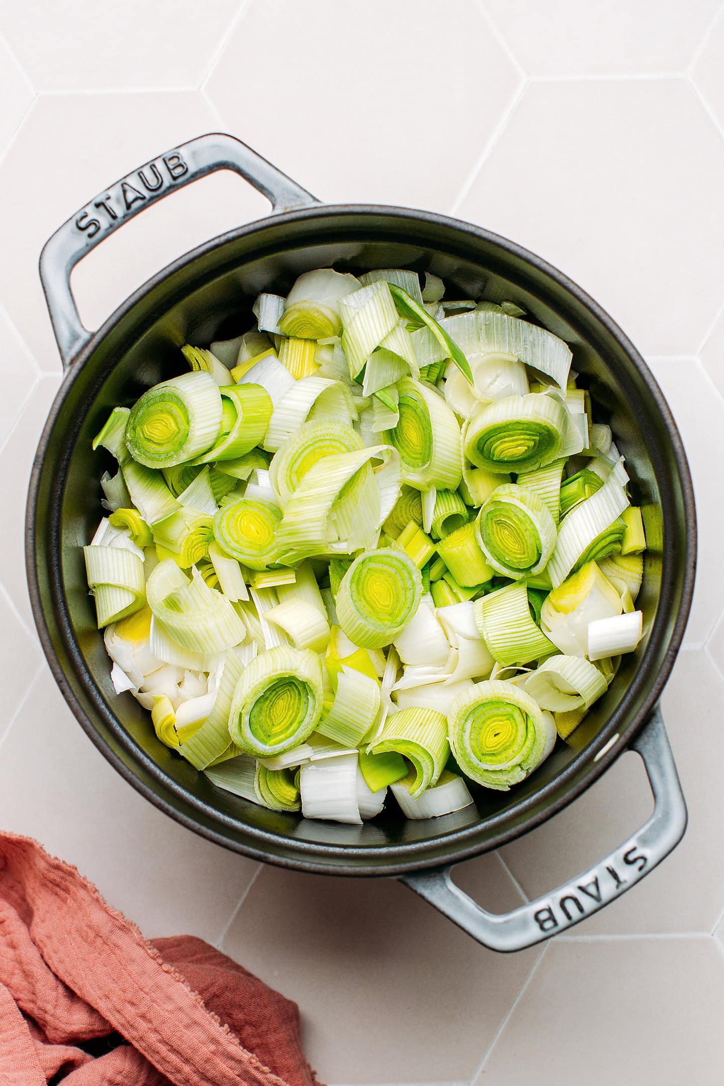 Sliced leeks in a pot.