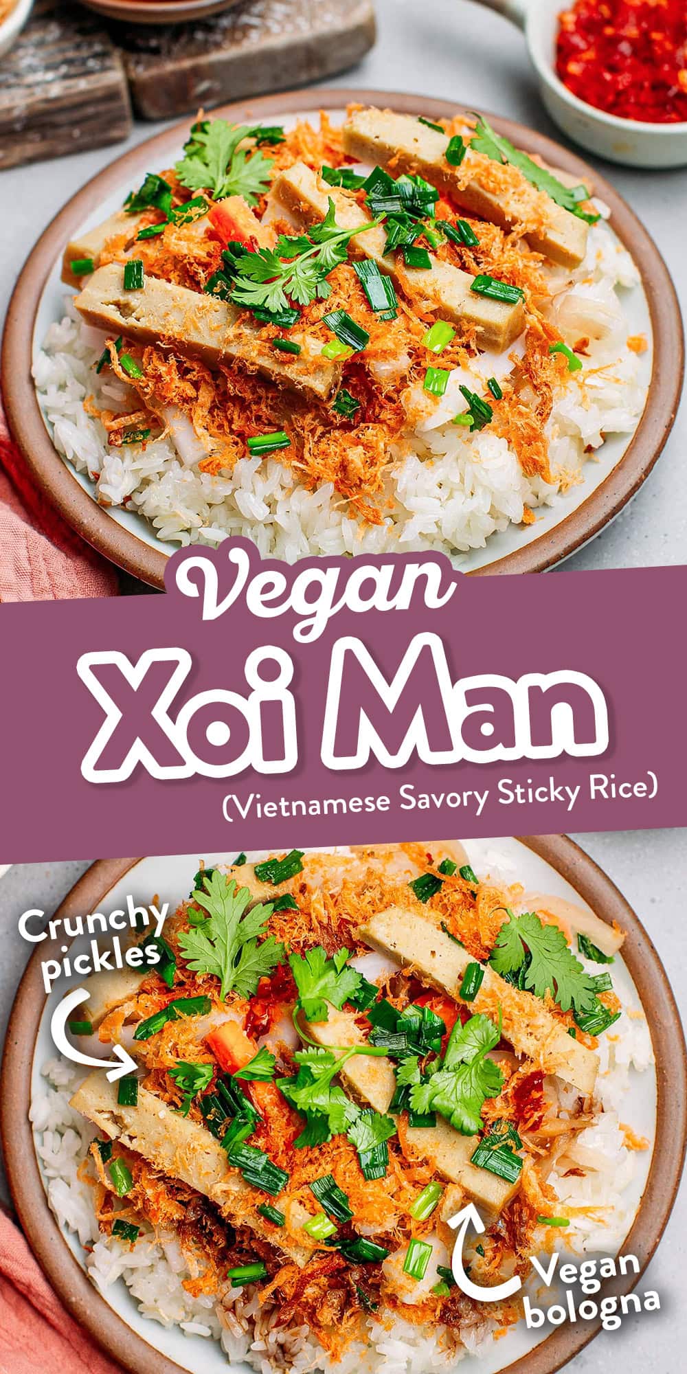 Vietnamese sticky rice is one of the most popular street foods in Vietnam. It consists of chewy sticky rice topped with a variety of toppings such as pickled radish and carrot, sausage, meat floss, mayo, chili paste, and fresh herbs! Let me show you how to prepare it at home!