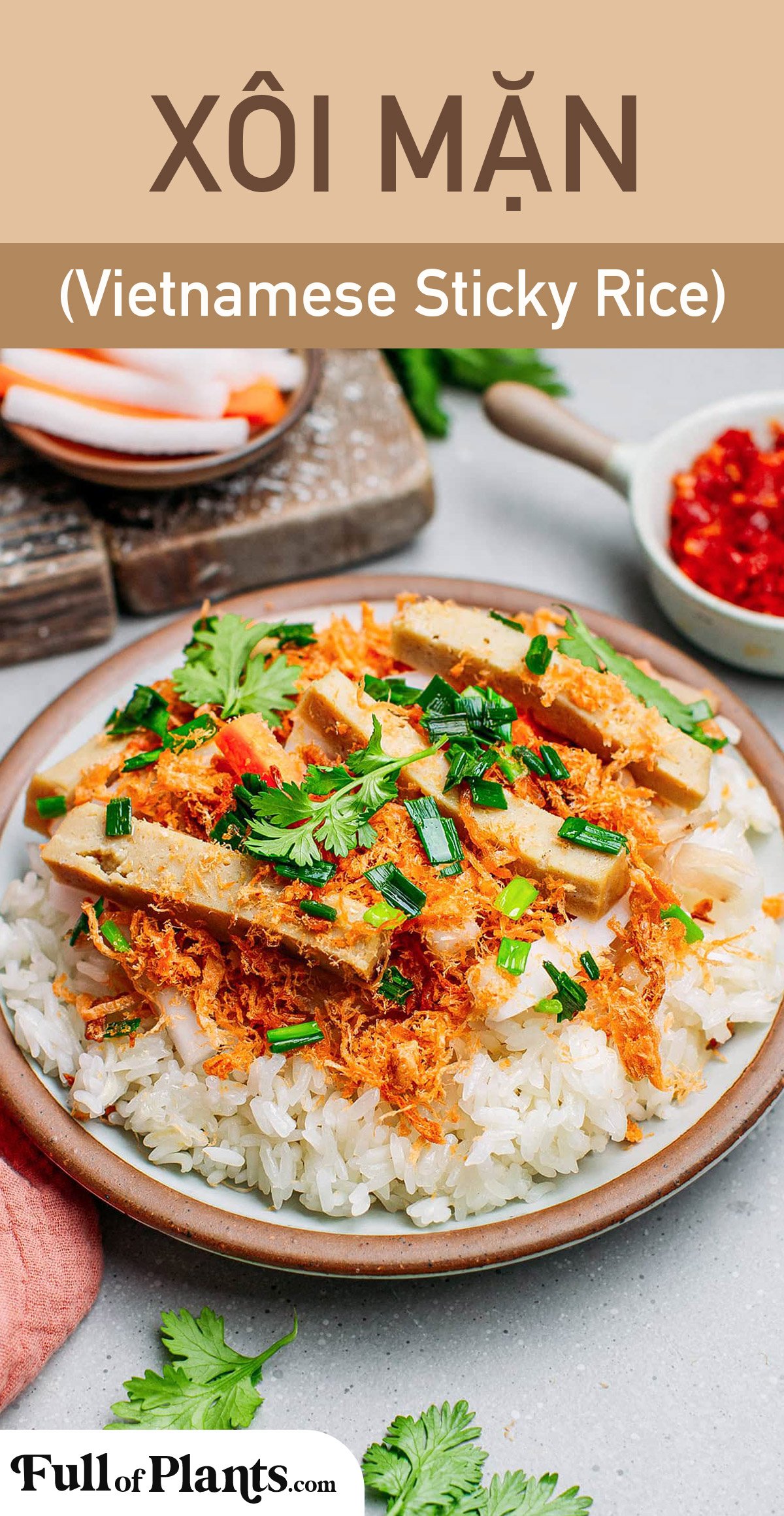 Vietnamese sticky rice is one of the most popular street foods in Vietnam. It consists of chewy sticky rice topped with a variety of toppings such as pickled radish and carrot, sausage, meat floss, mayo, chili paste, and fresh herbs! Let me show you how to prepare it at home! #vietnamese #vegan