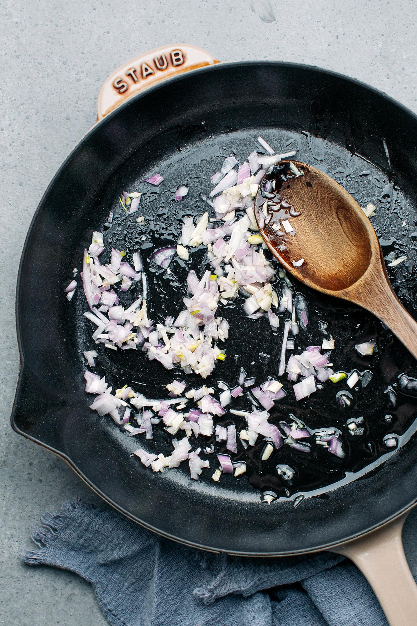 Minced shallot and garlic in a skillet.