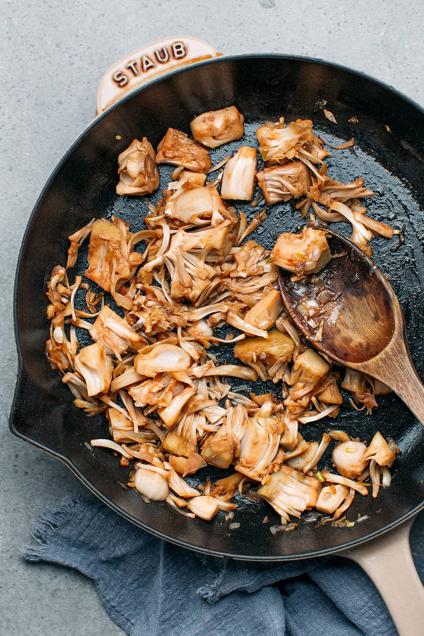 Sautéed jackfruit in a skillet.