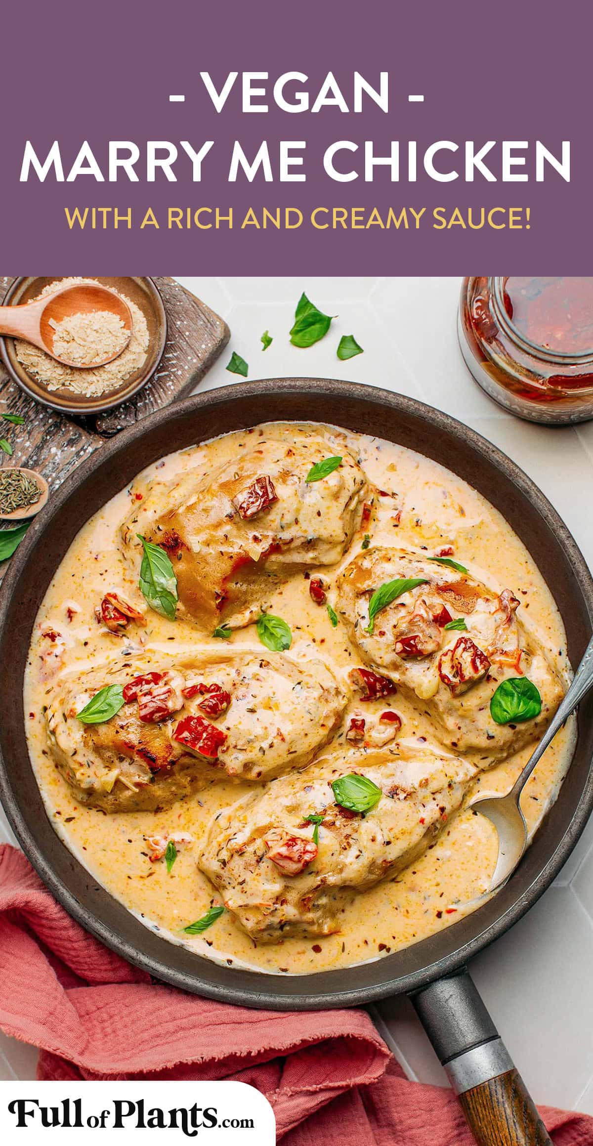 This vegan marry me chicken is based on Delish's popular chicken recipe but made vegan! In this version, vegan chicken cutlets are marinated in Italian herbs before being cooked in a creamy and savory sauce packed with chopped sun-dried tomatoes! #vegan #veganchicken