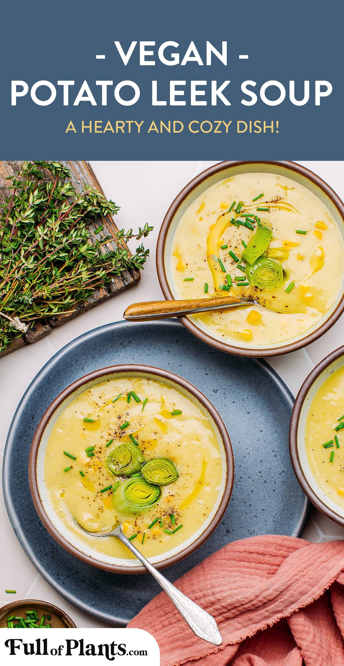 This hearty vegan potato leek soup is made with just a few seasonal and inexpensive ingredients. It features leeks and potatoes cooked in butter and infused with fresh woody herbs such as thyme and bay leaves. It's a delicious soup that is sure to keep you warm all winter long! #vegan #soup