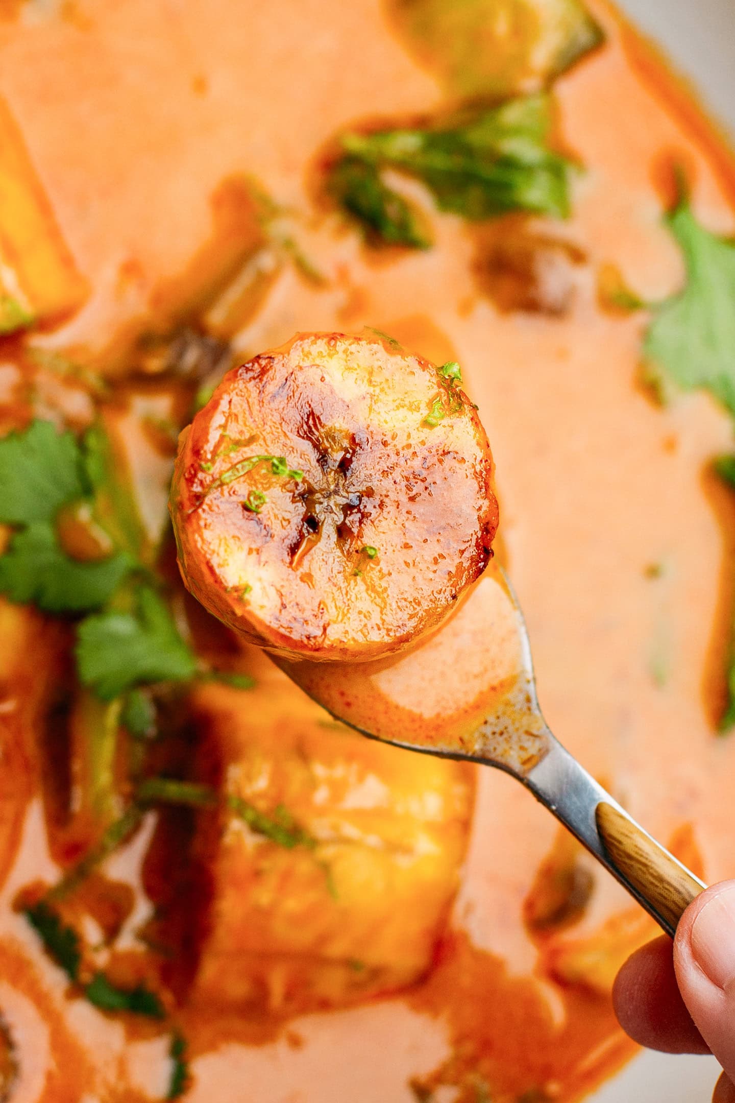 Close-up photo of a slice of plantain coated with red curry sauce.