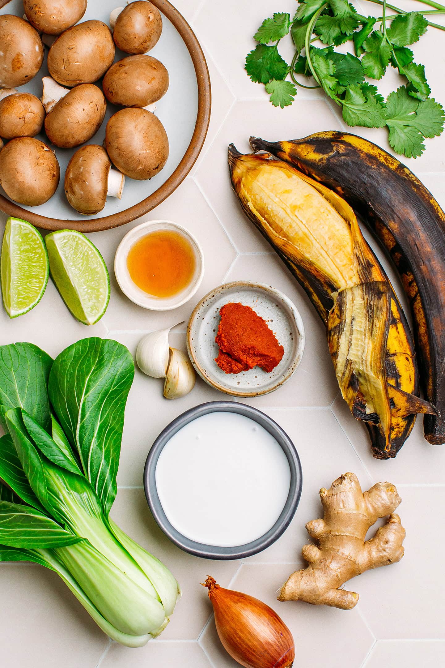 Ingredients like plantains, red curry paste, coconut milk, ginger, bok choy, and cilantro.