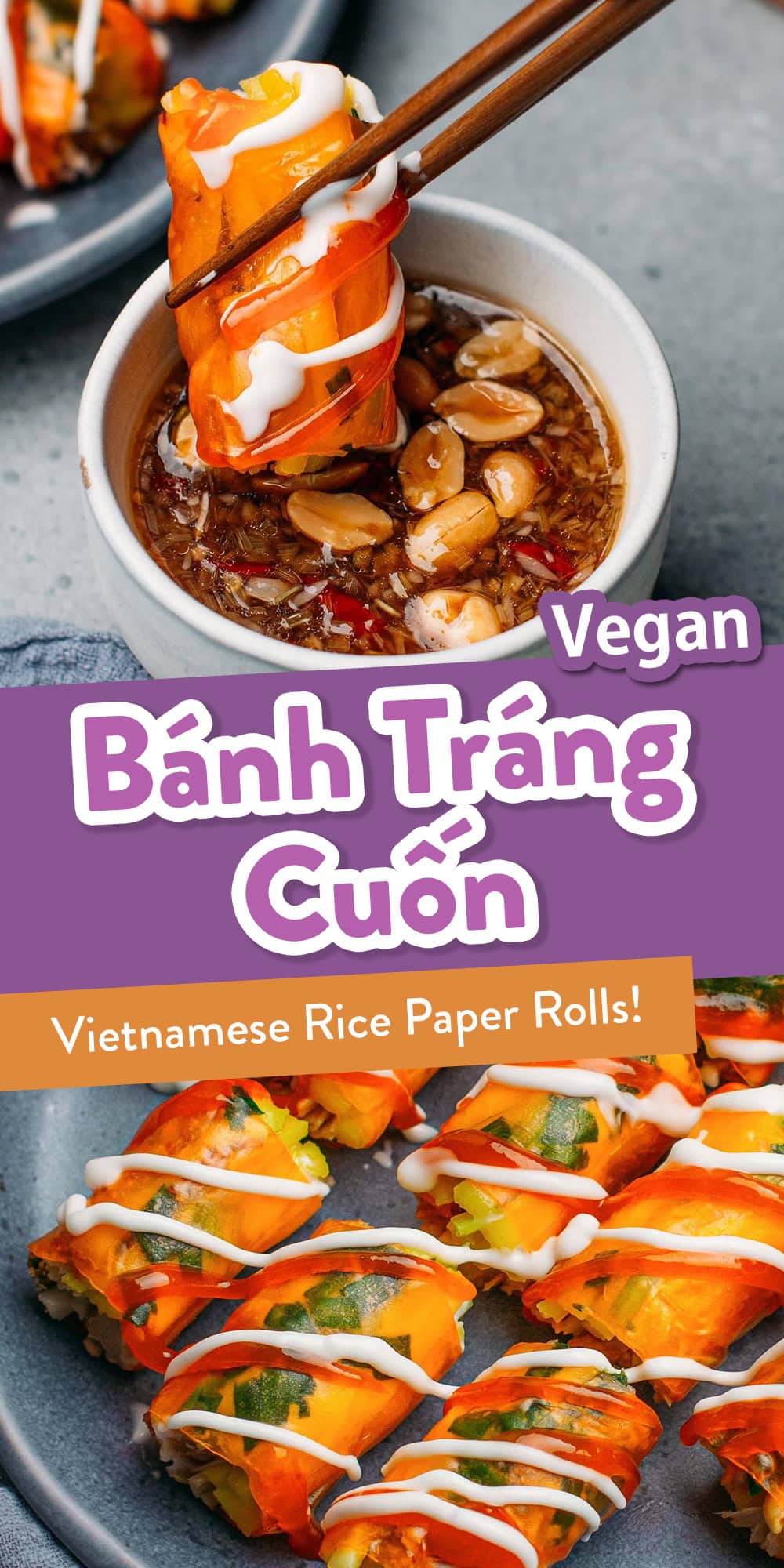 These rice paper rolls, also known as bánh tráng cuốn in Vietnamese, are filled with green mango, five-spice jackfruit, roasted peanuts, crispy fried onions, and Vietnamese coriander. They are then finished with a drizzle of mayo and sweet chili sauce!