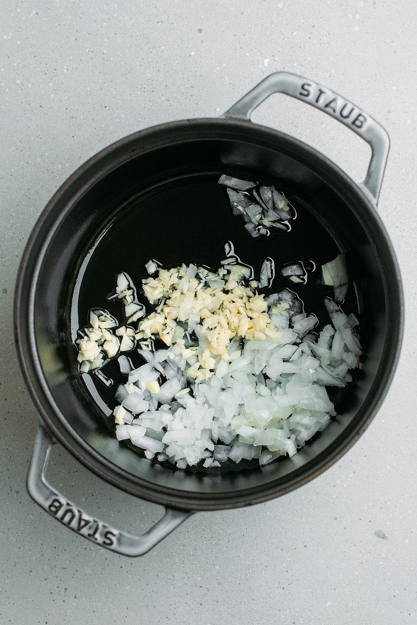 Chopped onions and garlic in a pot.