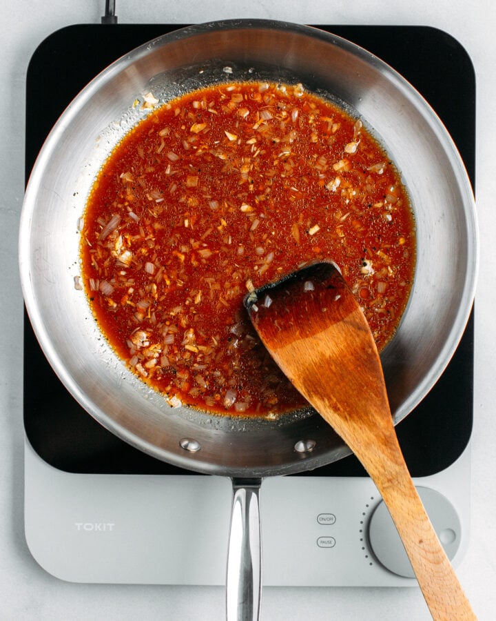 Black pepper sauce in a skillet.