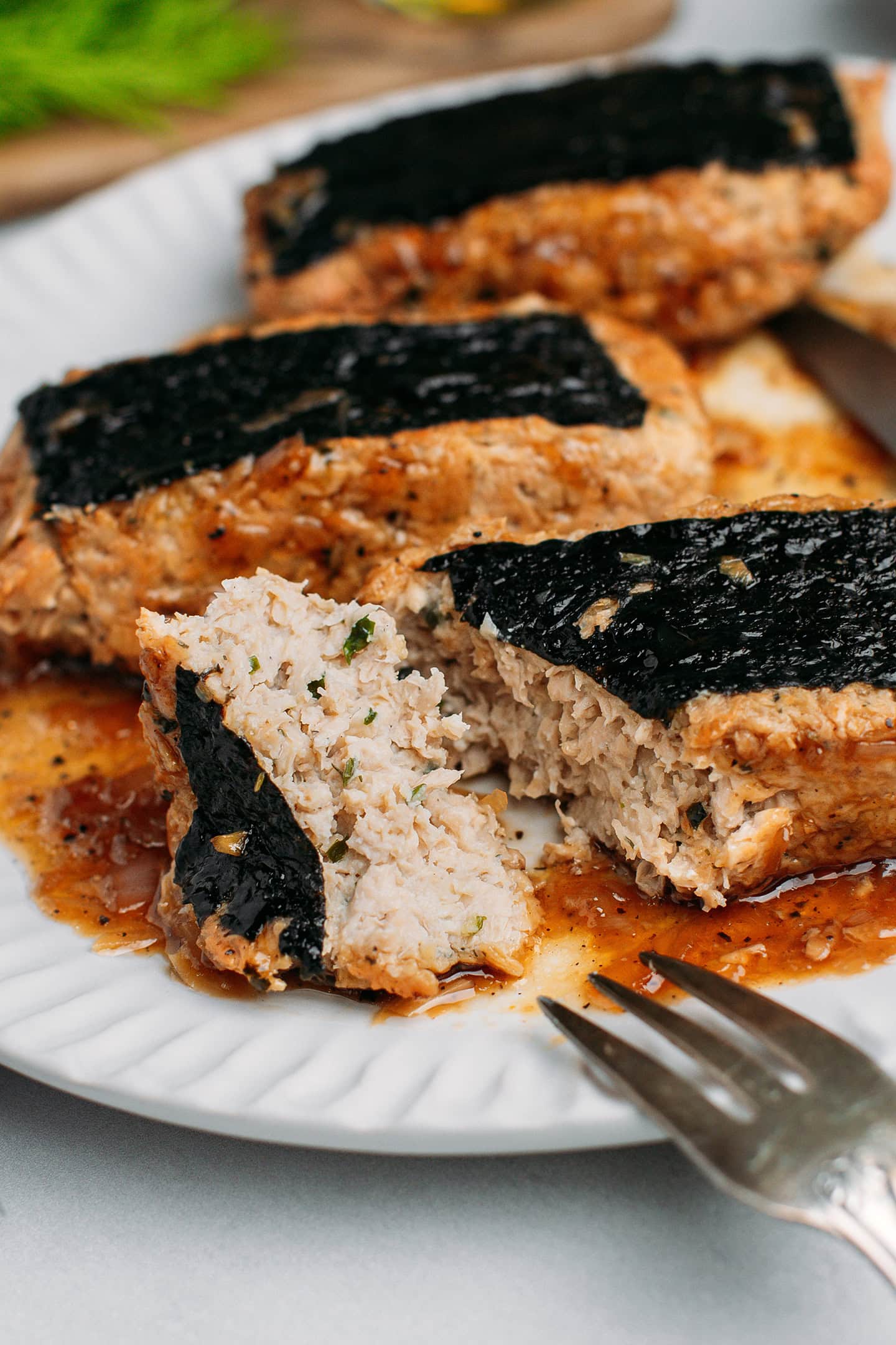Close-up of a bit of a vegan fish fillet.