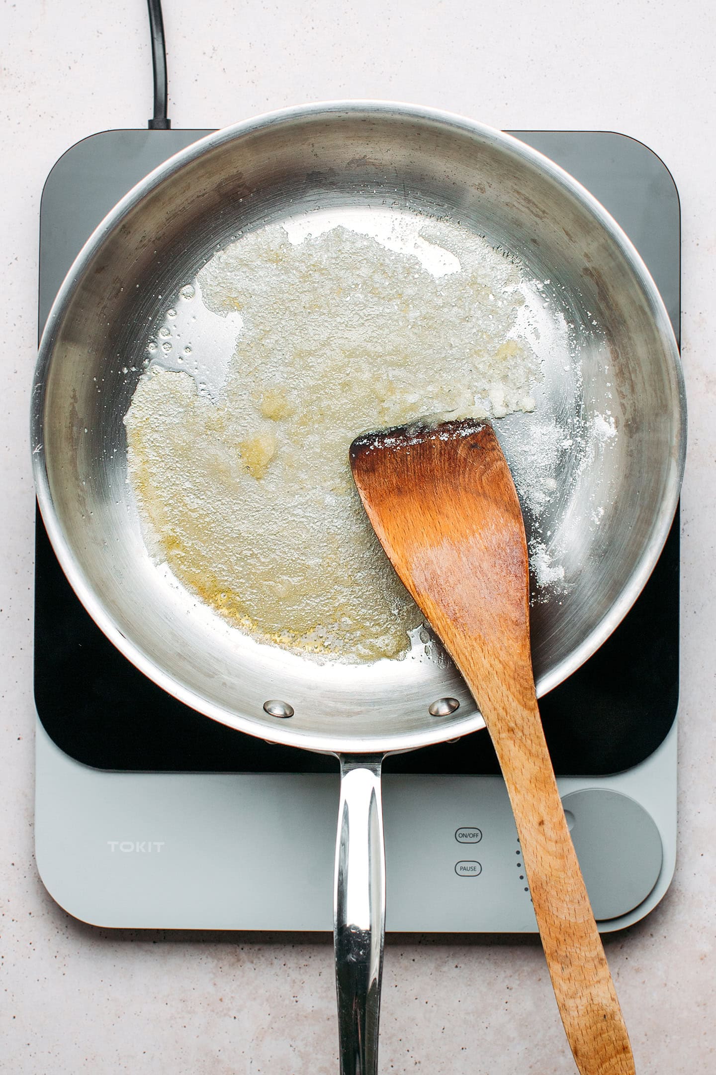 Crystallized sugar in a skillet.