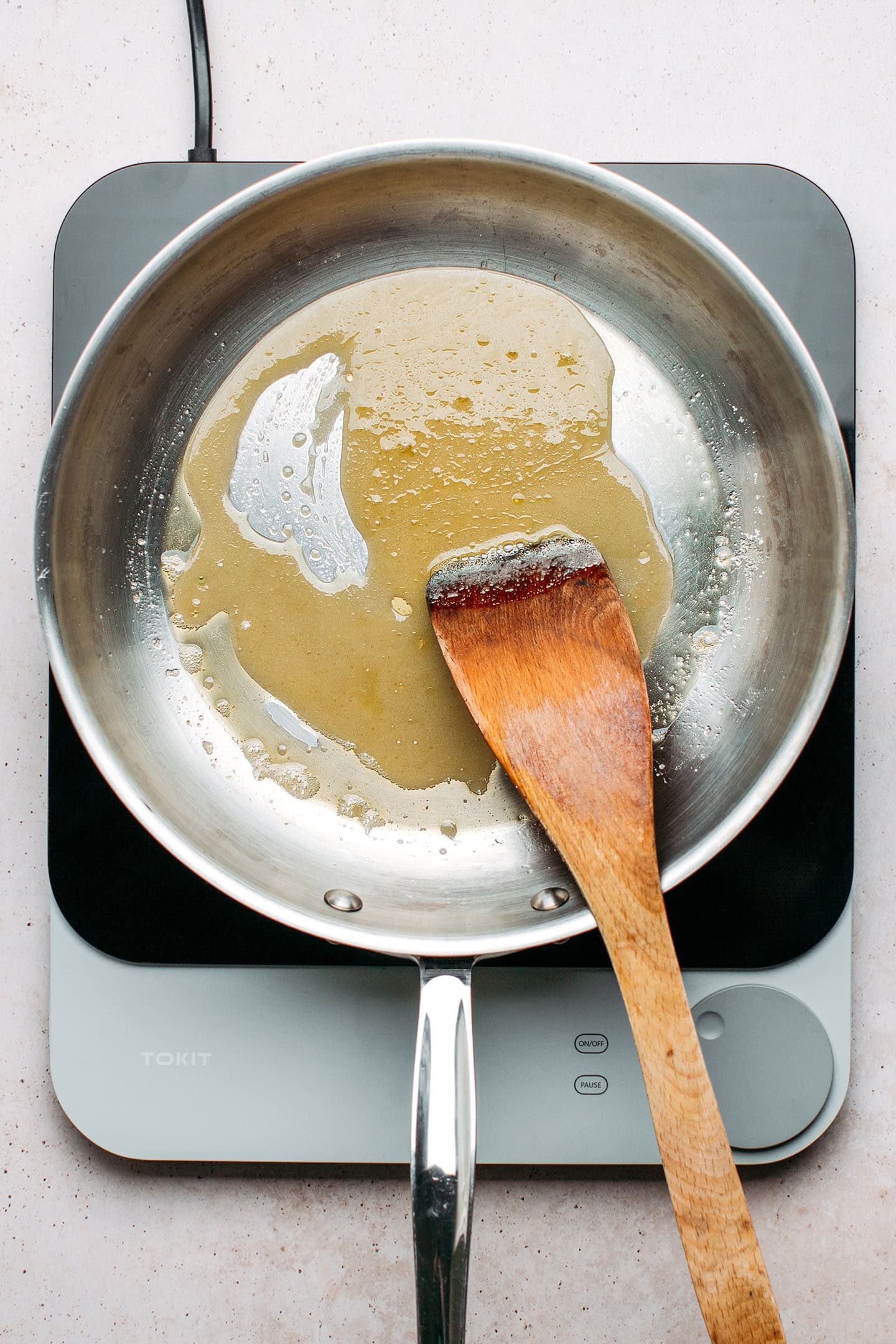 Caramelized sugar in a skillet.