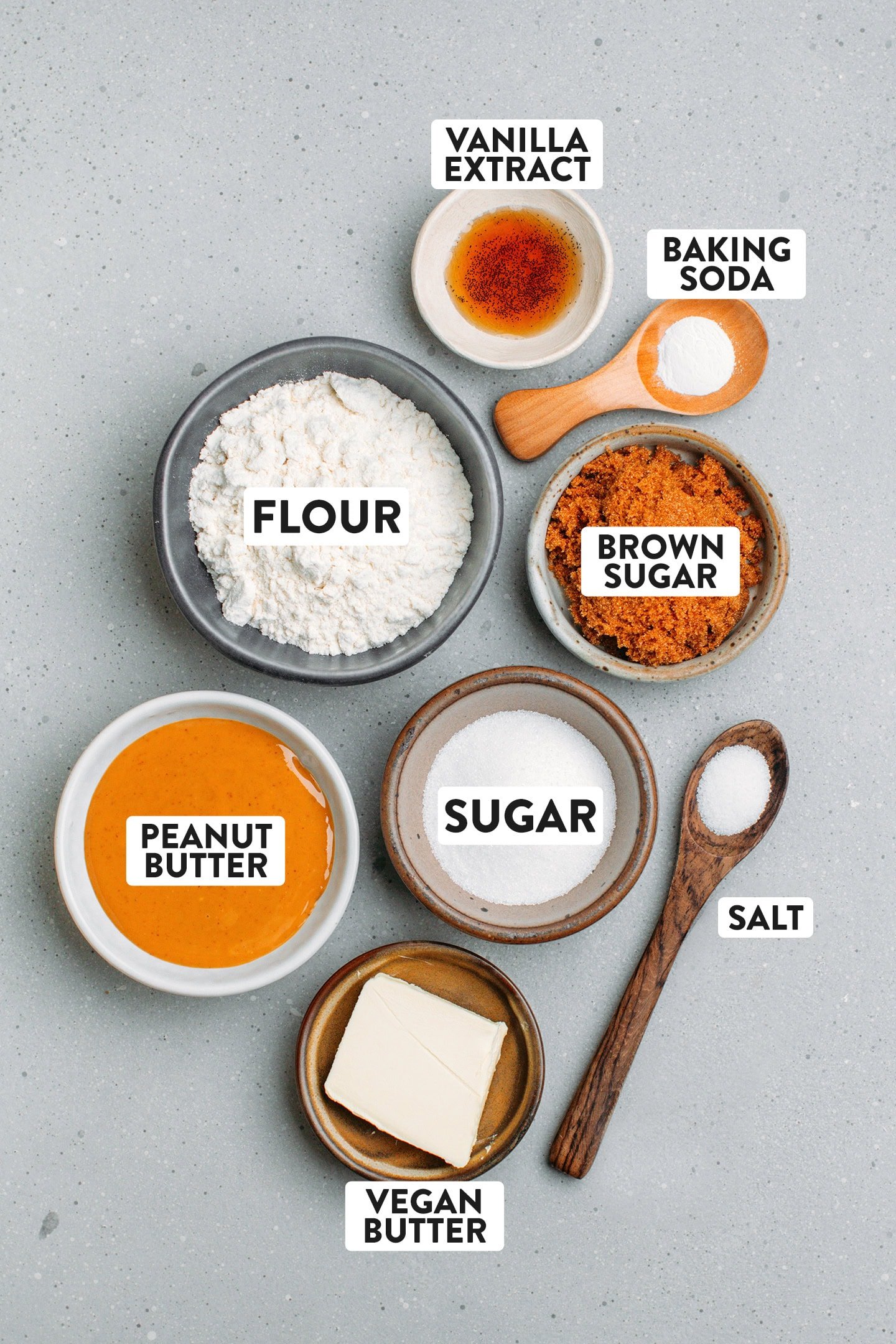 Ingredients like peanut butter, flour, sugar, and butter.