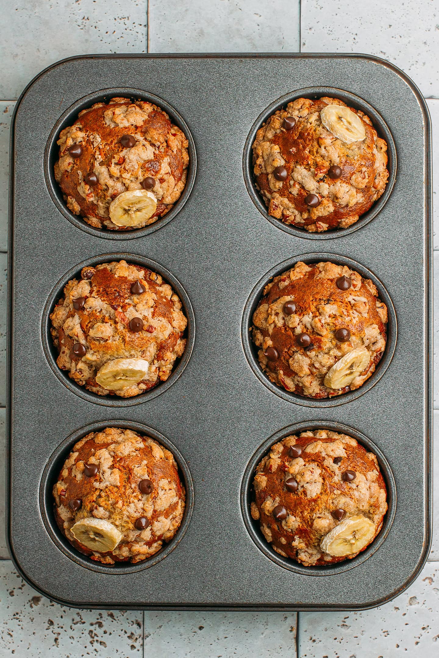 Baked banana muffins in a pan.