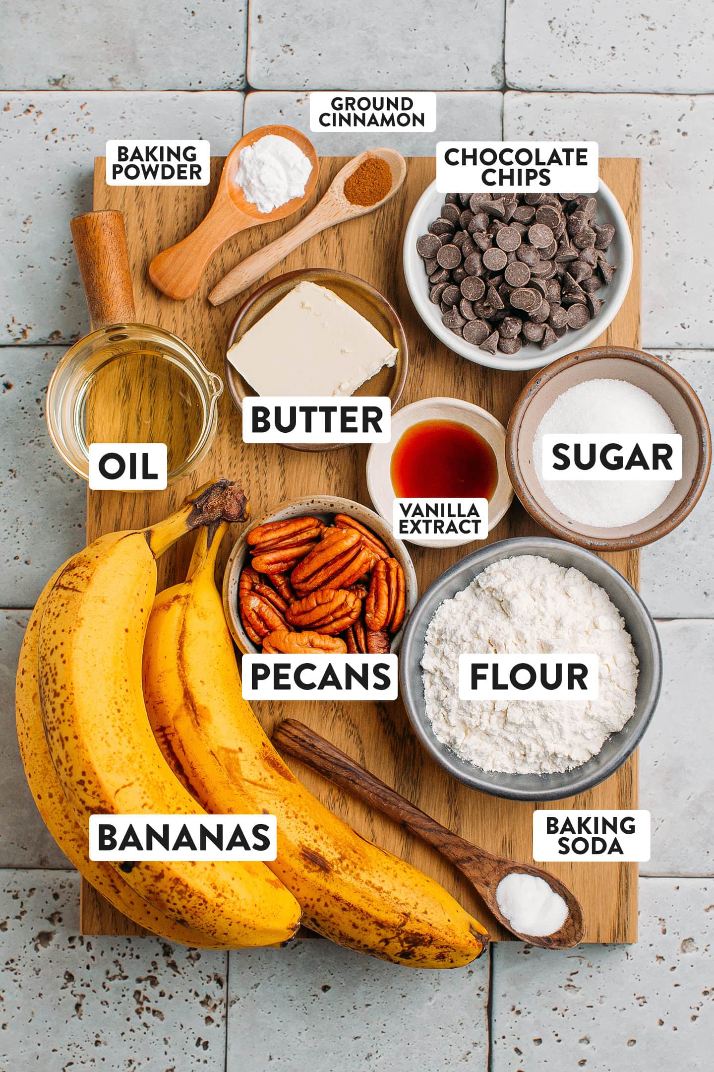 Ingredients like bananas, flour, pecans, chocolate chip, and sugar.