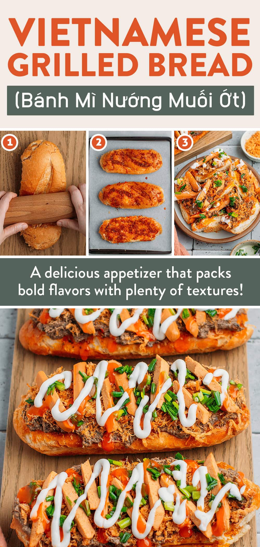 Buttery grilled bread topped with meaty paté, sautéed green onions, and a generous drizzle of mayo and sweet chili sauce! A crispy, rich, and flavorful appetizer or snack! #vegan #plantbased