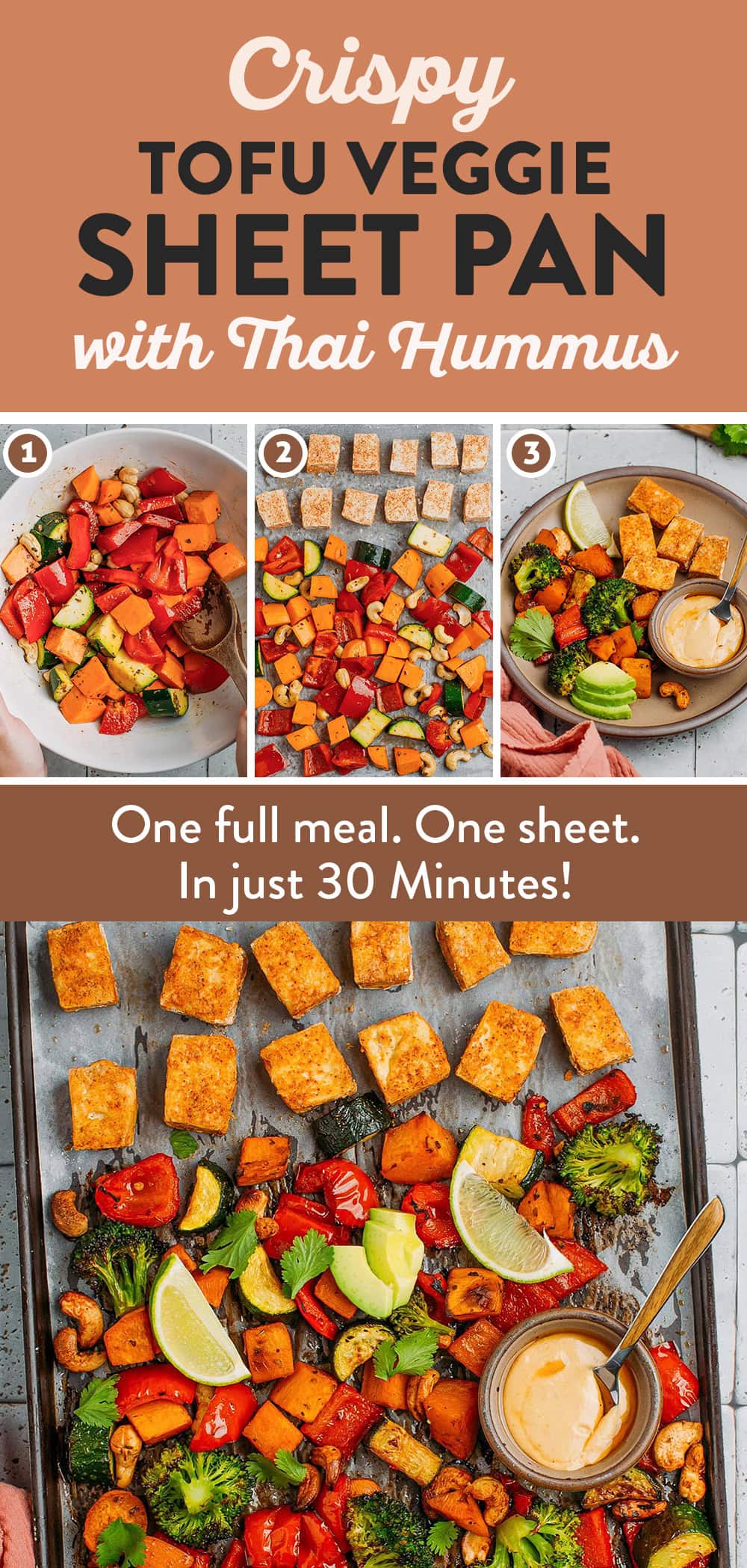 One full meal. One sheet. In just 30 Minutes. That's the deal with this delicious sheet pan tofu and veggie recipe! It features crispy chili tofu and roasted vegetables like sweet potatoes, broccoli, and bell peppers served with crunchy cashews and a spicy green curry hummus dip!