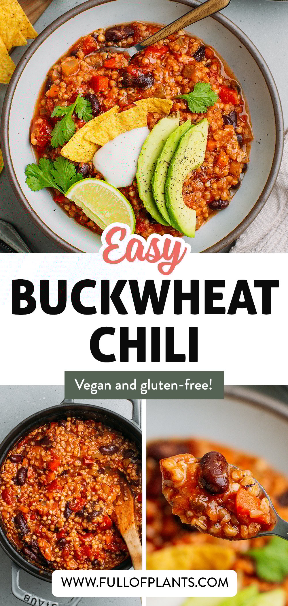 This comforting buckwheat chili is perfectly spiced, smoky, and a bit sweet. Prepared with buckwheat groats, red beans, and plenty of vegetables, this hearty dish is made in one pot with simple ingredients!