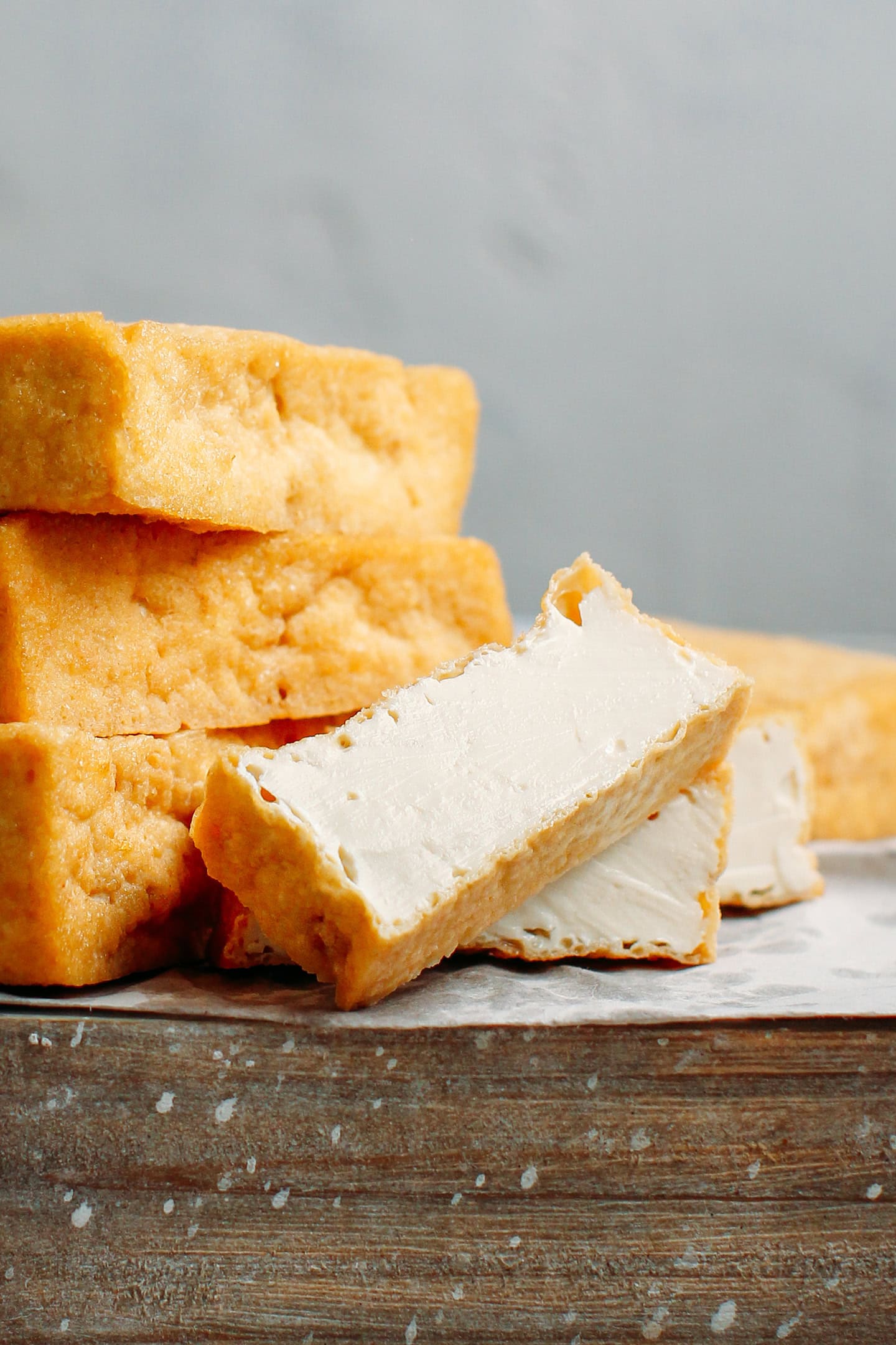 Close-up of deep-fried tofu.