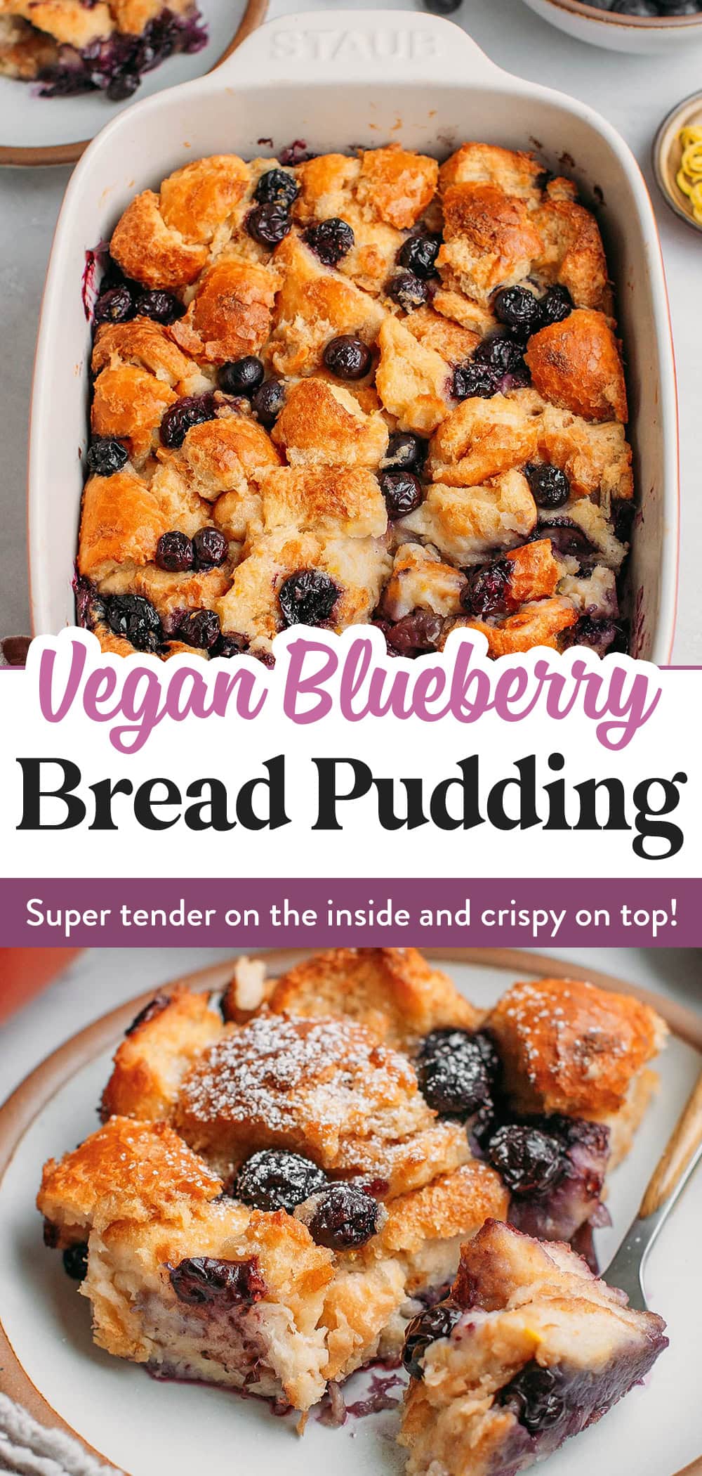 Got leftover bread? Don't let it go to waste and give this vegan blueberry bread pudding a try! Packed with juicy blueberries and infused with vanilla and lemon zest, this pudding is incredibly tender on the inside and crispy on top! Serve it for breakfast with yogurt or with a scoop of vanilla ice cream for dessert!