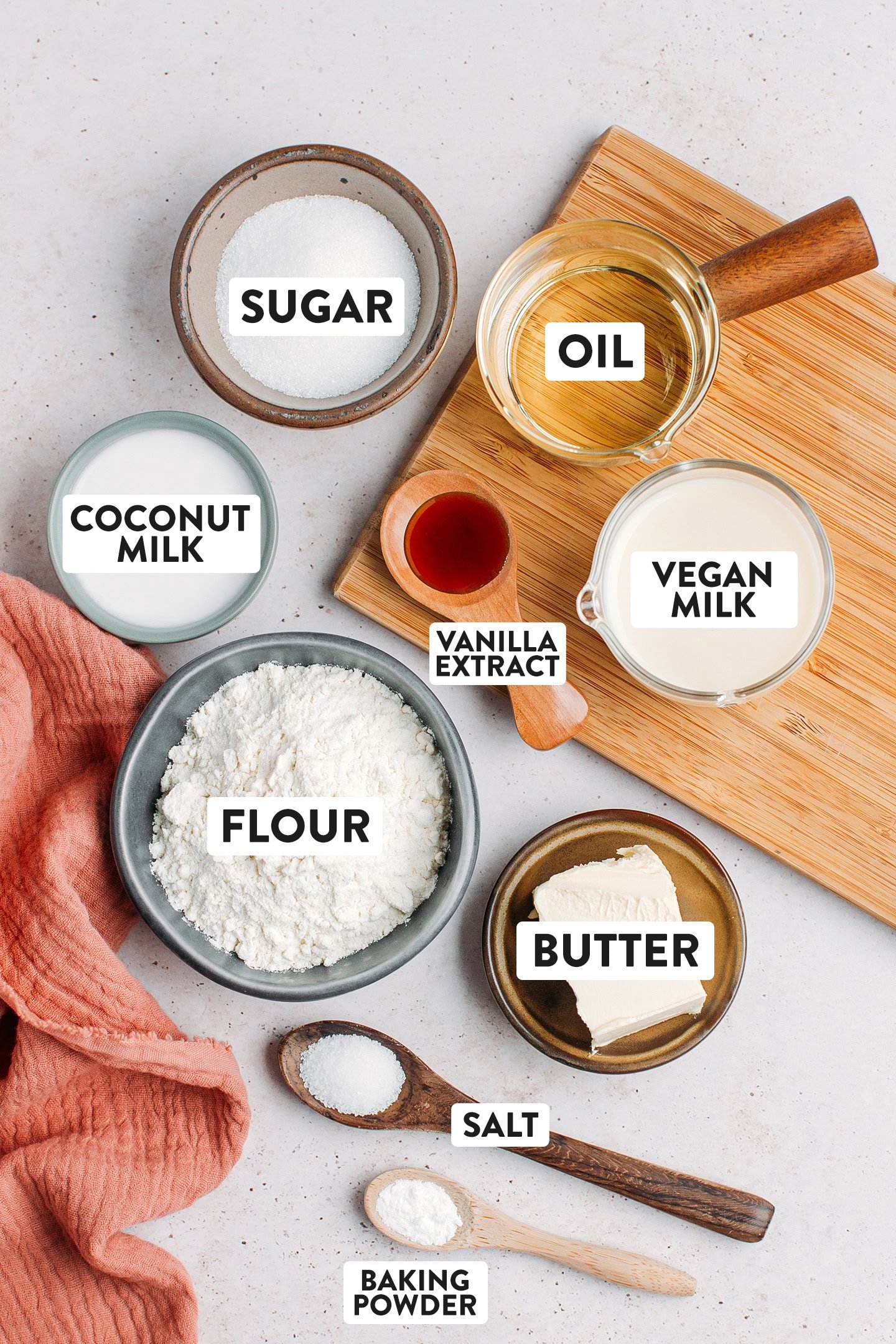 Ingredients likes flour, sugar, coconut milk, and butter.