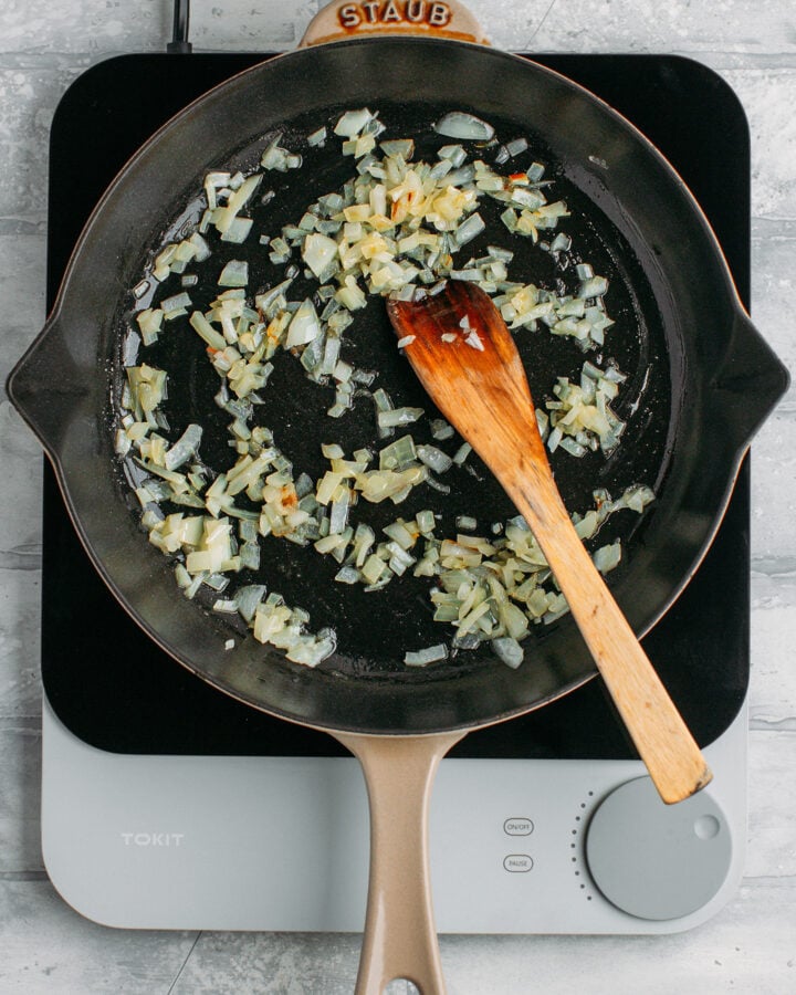 Sautéed onion in a skillet.