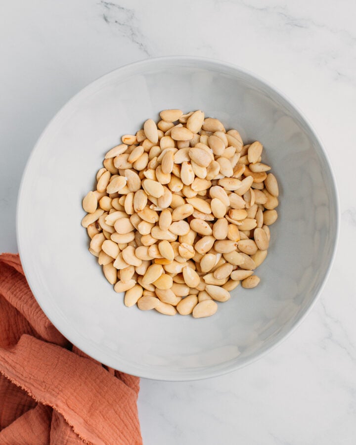 Blanched almonds in a bowl.