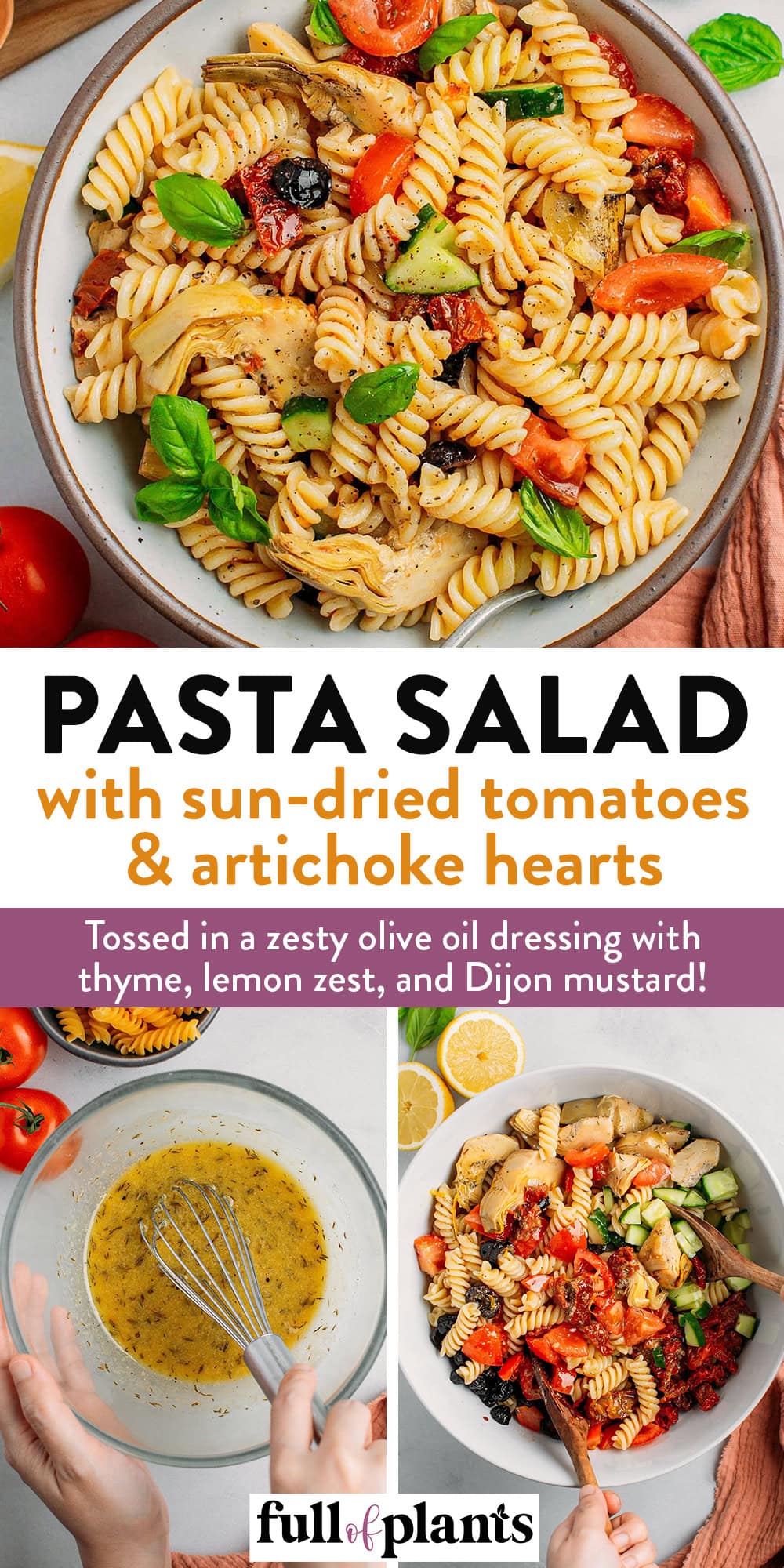 This sun-dried tomato and artichoke pasta salad is packed with fresh Mediterranean flavors! Think smoky grilled artichoke hearts, sweet sun-dried tomatoes, black olives, and crunchy cucumber. It’s all brought together with a zesty olive oil dressing infused with thyme, lemon zest, and a touch of Dijon mustard! #salad #vegan