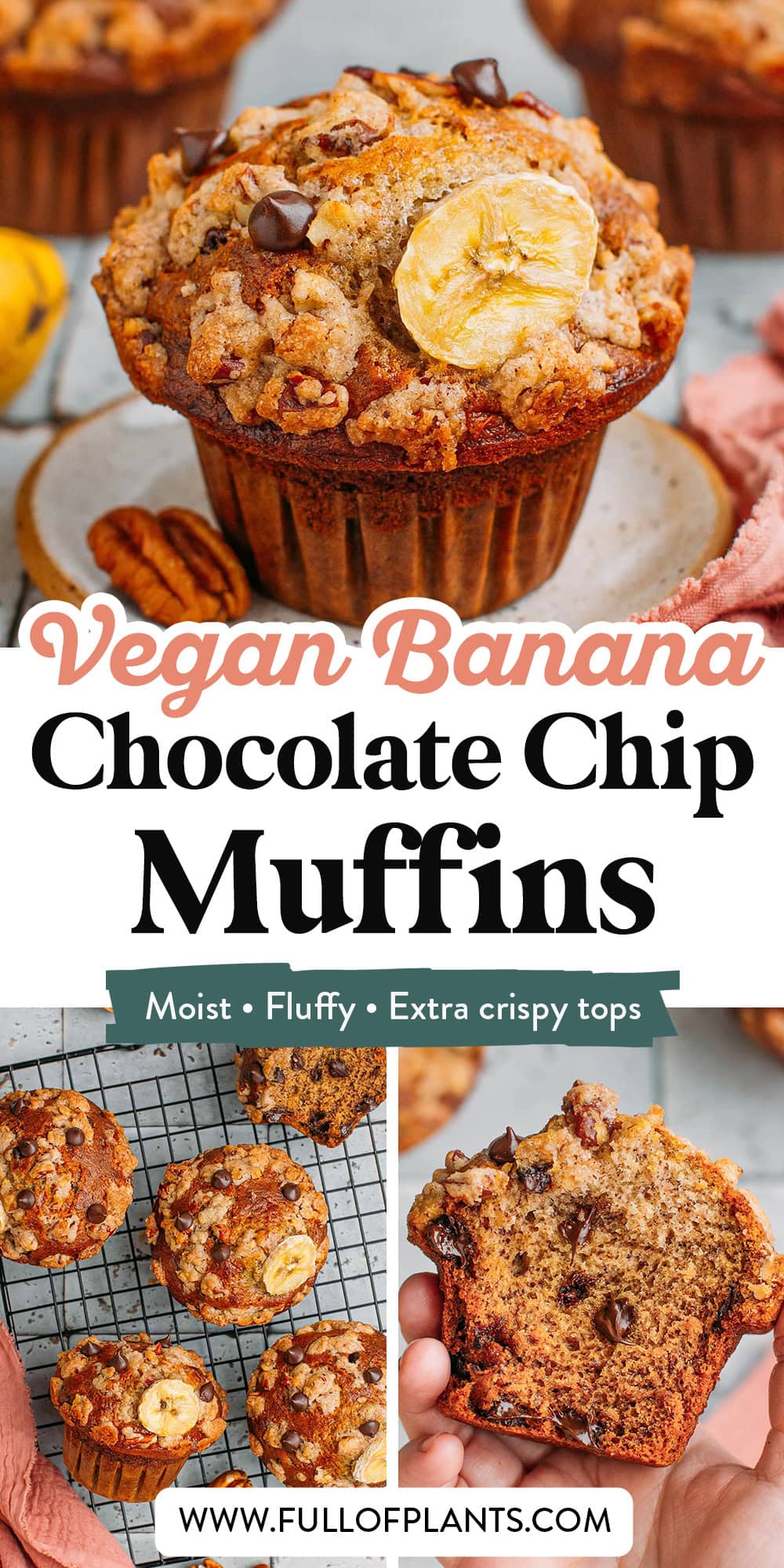 These bakery-style vegan banana chocolate chip muffins are incredibly fluffy with a moist and tender crumb. Full of banana flavor and loaded with gooey chocolate chips, they are topped with a crispy pecan streusel topping that adds an irresistible crunch!