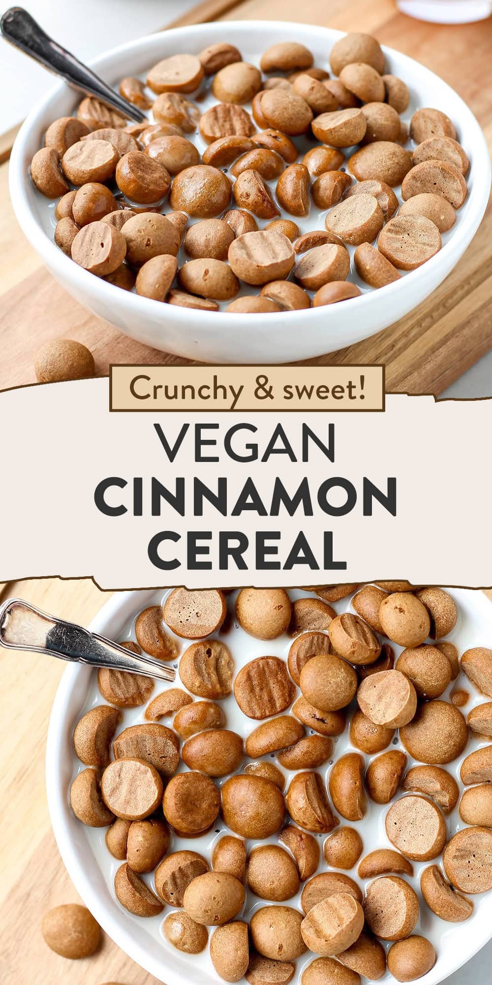 This homemade vegan cinnamon cereal is crunchy, sweet, packed with cinnamon, and tastes just like mini caramelized cookies! You will only need 9 pantry ingredients, and they are so easy to make. Enjoy them with your favorite plant-based milk or yogurt, or sprinkle them over ice cream!