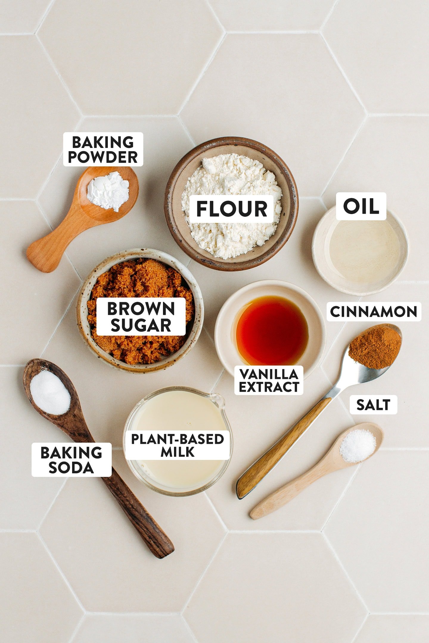 Ingredients like flour, brown sugar, vanilla extract, cinnamon, and milk.