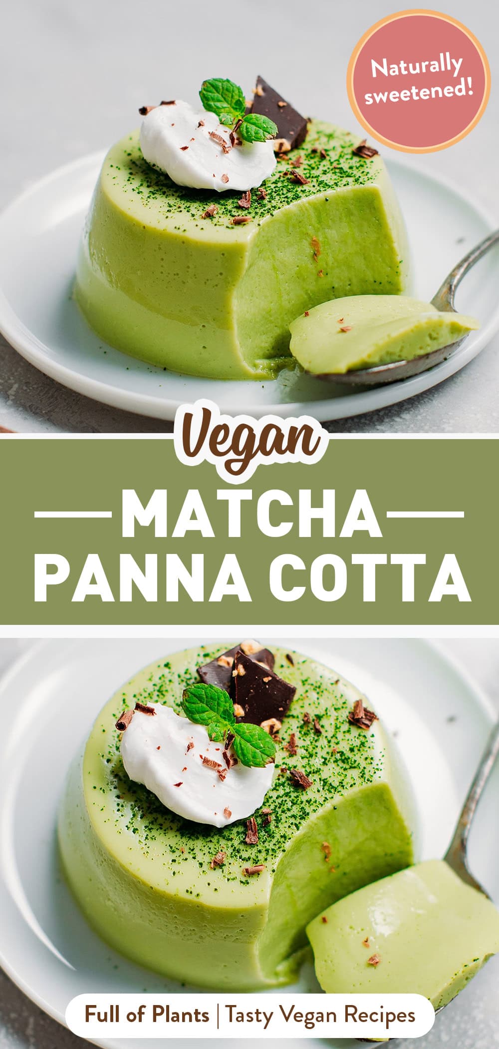 Creamy, rich, and super smooth, this vegan matcha panna cotta is infused with vibrant matcha, cacao butter, and a hint of vanilla that gives it a delicate white chocolate aroma. It's fresh, naturally sweetened, and completely vegan! #matcha #plantbased #vegan