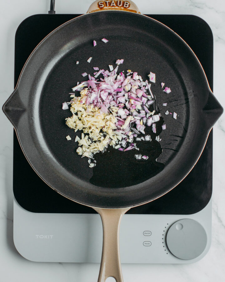 Minced shallot and garlic in a skillet.