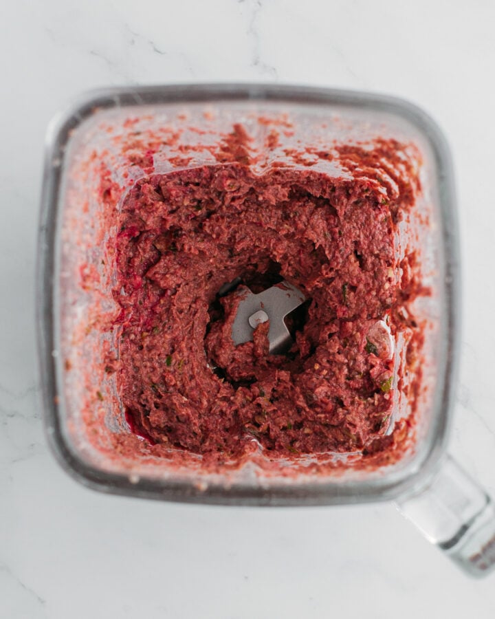Blended mushrooms and seasonings in a blender.
