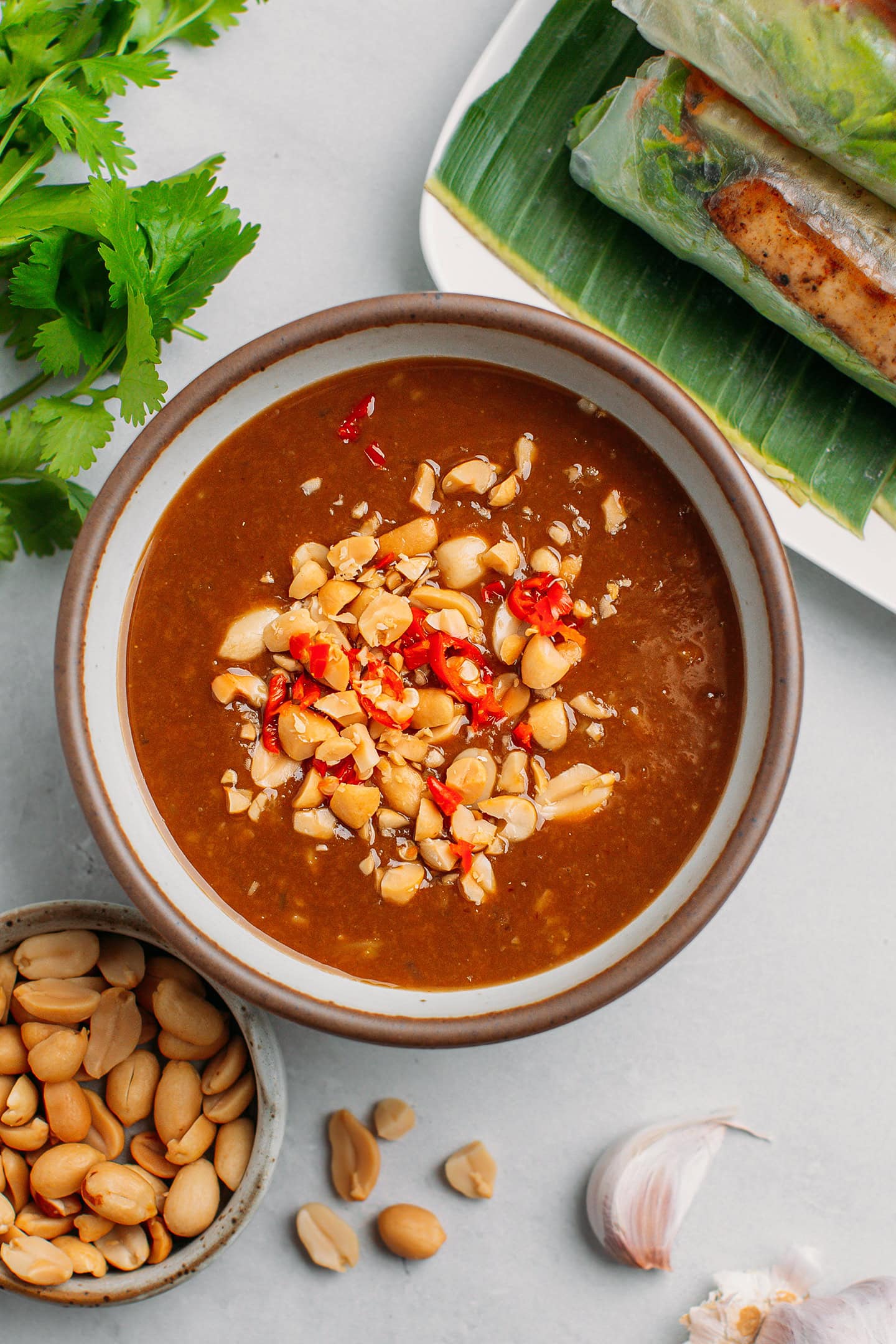 Top view of a peanut dipping sauce topped with roasted peanuts and chopped chili in a bowl.