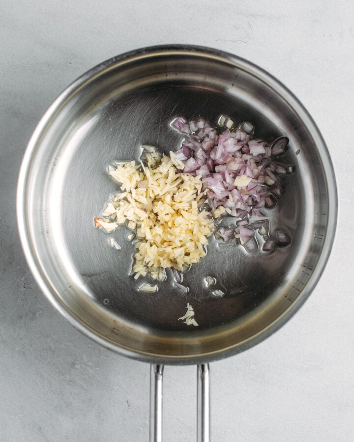 Minced garlic and shallot and oil in a saucepan.