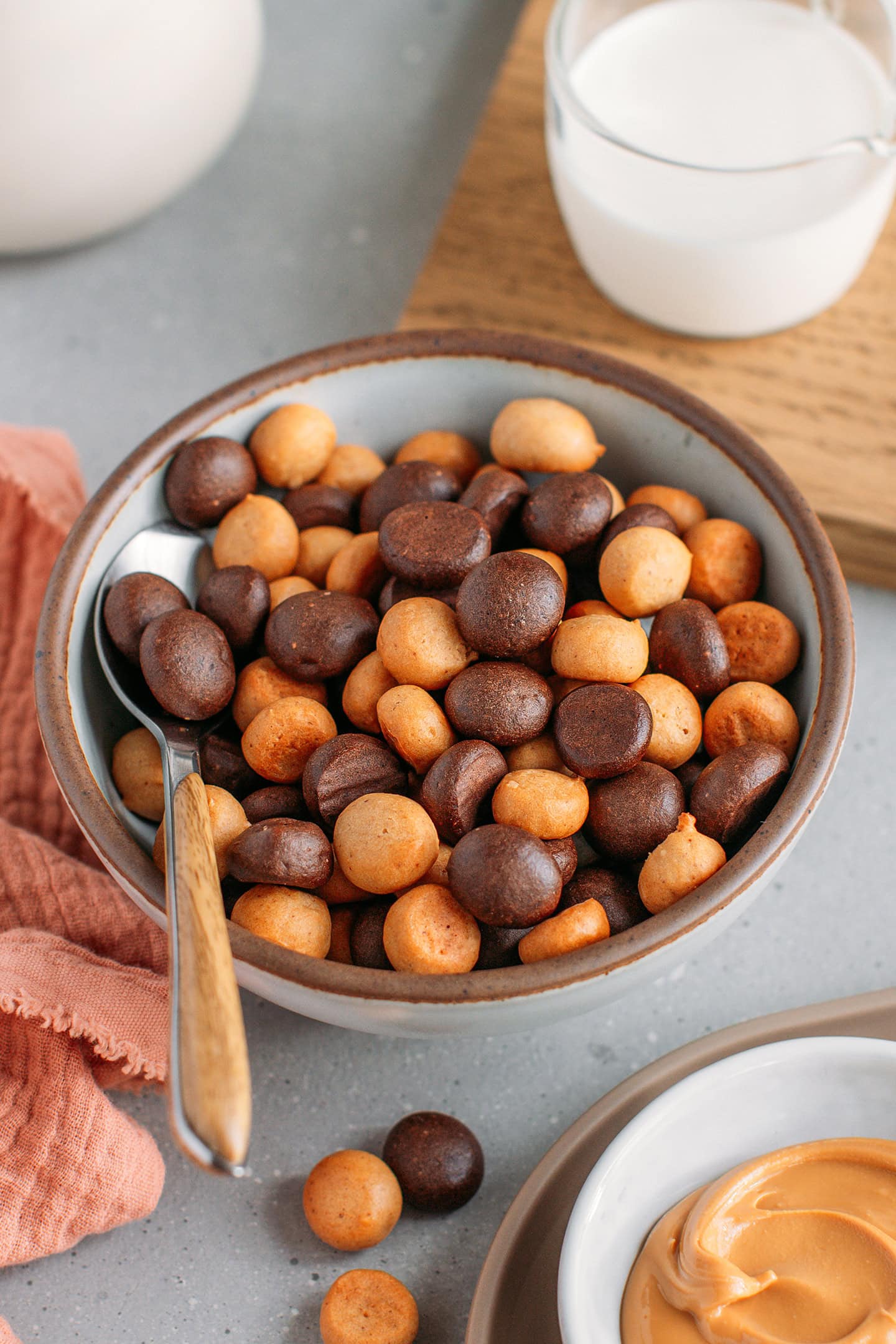 Homemade chocolate and peanut butter cereal in a bowl.