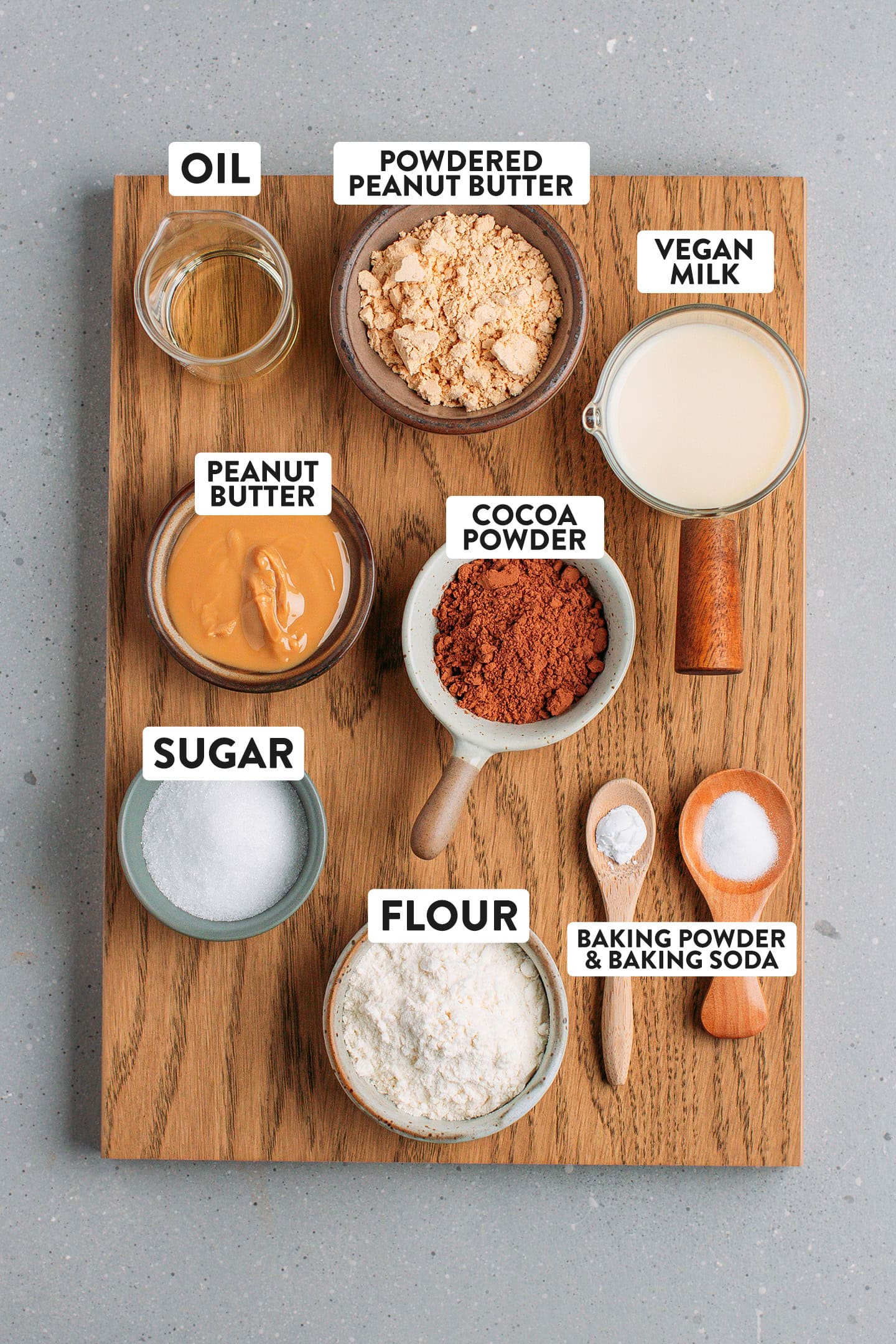 Ingredients like flour, cocoa powder, peanut butter, sugar, and baking powder.