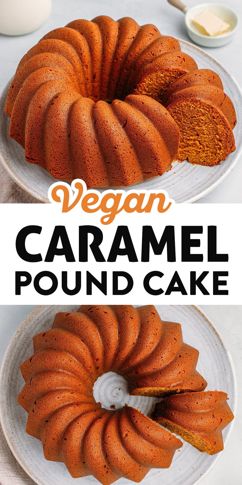 Packed with salted coconut caramel sauce, this vegan caramel pound cake has the same moist and dense crumb as the classic version! It's rich and buttery, with delicious notes of vanilla, toffee, and toasted nuts! #poundcake #vegan